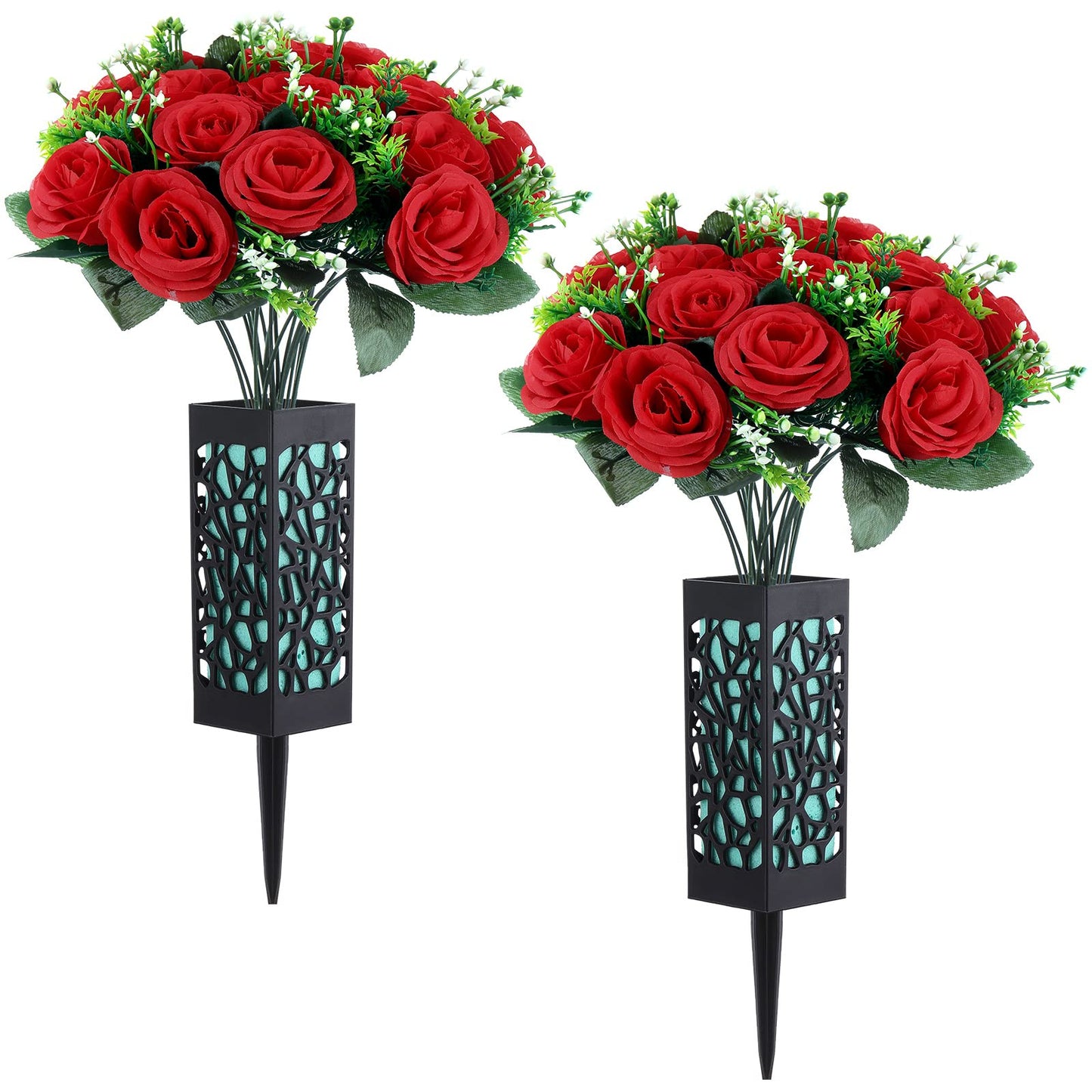 Yahenda 2 Sets Artificial Cemetery Flowers 36 Heads Rose with 2 Grave Markers Flower Holder Vase with Drainage Hole Long Spikes and 2 Floral Foam Blocks for Outdoor Memorials (Red)