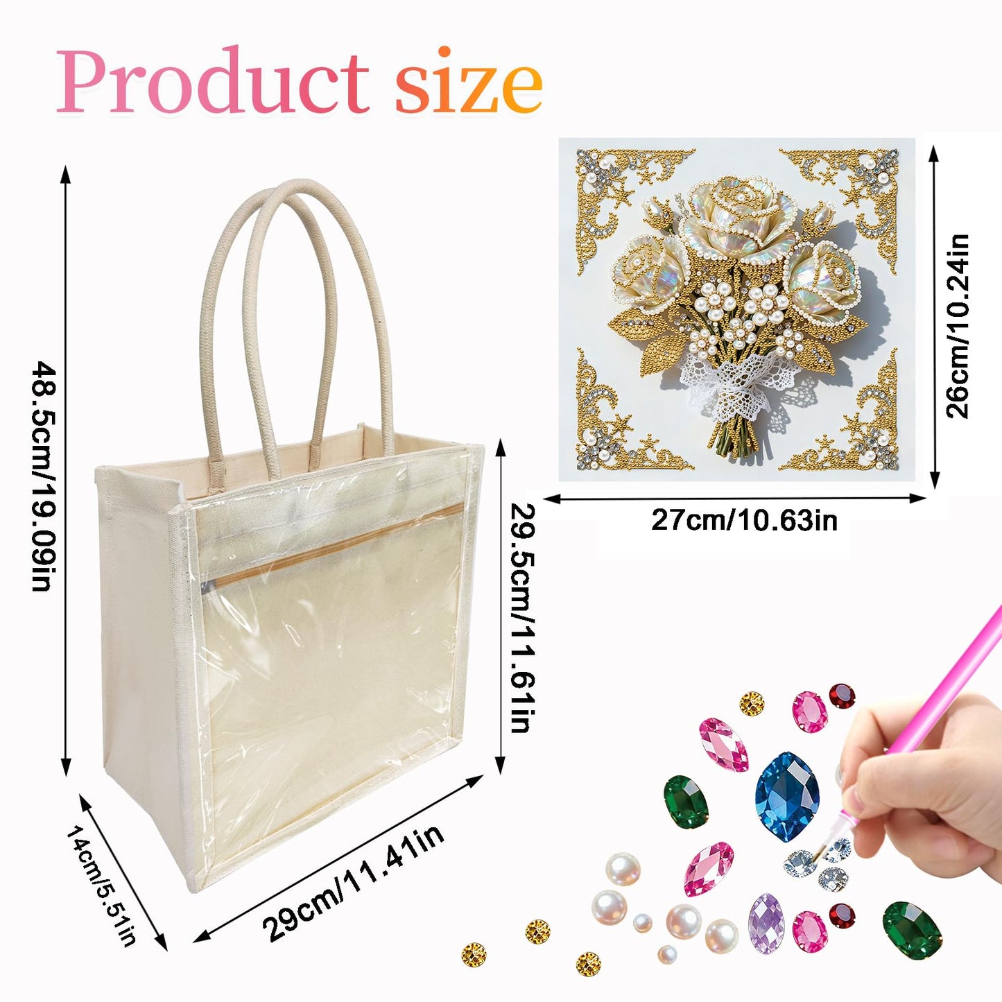 Xylzzuit DIY Pearl Painting Canvas Tote Bag Kit 11.42IN Diamond Art Handbag for Women Shopping Grocery Bag Dots Beads Art Craft Gift (Flower01)