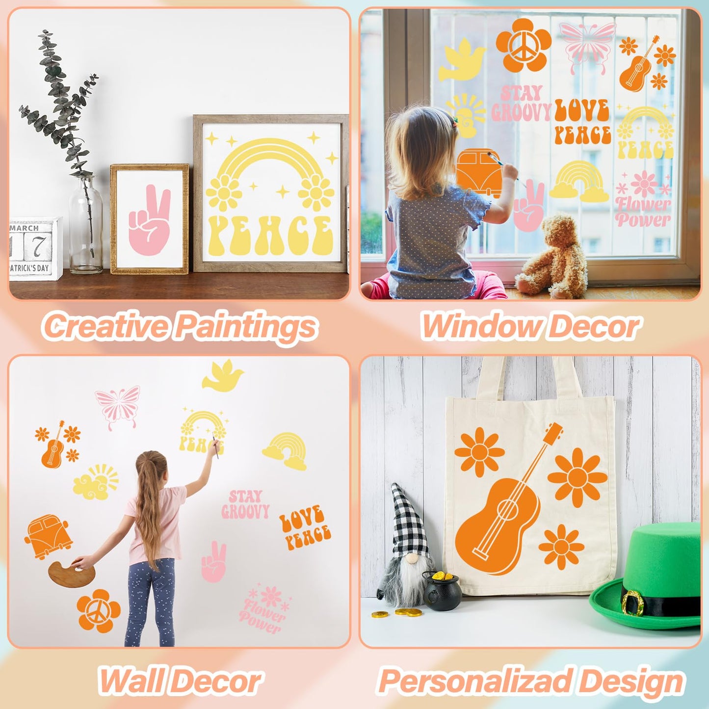 36pcs Groovy Hippie Drawing Stencils for Kids 8 Inch Sidewalk Chalk Stencils Painting Spring Gifts Large Washable Reusable Retro Boho Themed Primary Shape Template for Kids Toddlers Preschool