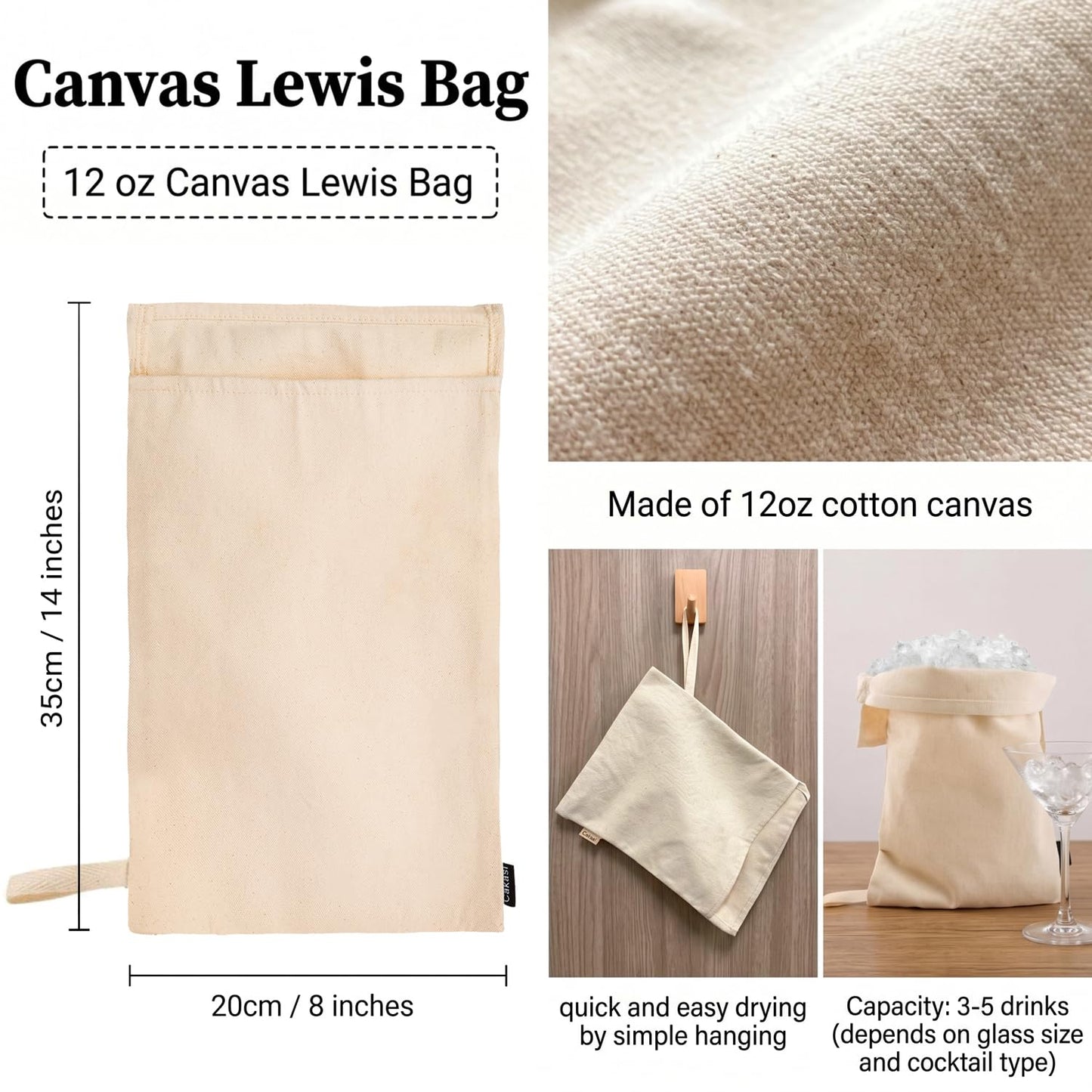 Cakasi Lewis Bag and Ice Mallet Crush Set, Wooden Hammer Reusable Canvas Bag for Crushed Use Home Party Bar Kitchen Dried Crushing Drinks