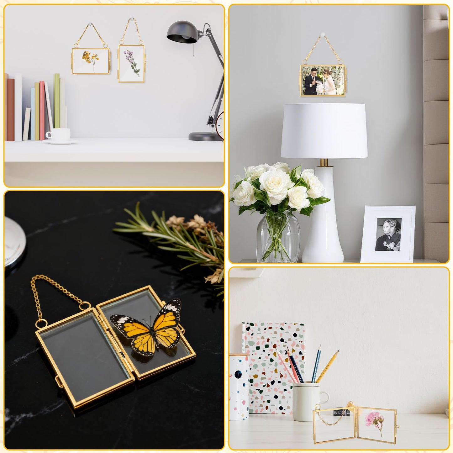 4Pcs Double Glass Frame for Pressed Flowers, 2x3 inch Brass Clear Pressed Flower Decor with Chain, Gold Floating Hanging Photo Frame, Horizontal Vertical Frames for Specimen Artwork Display Decor