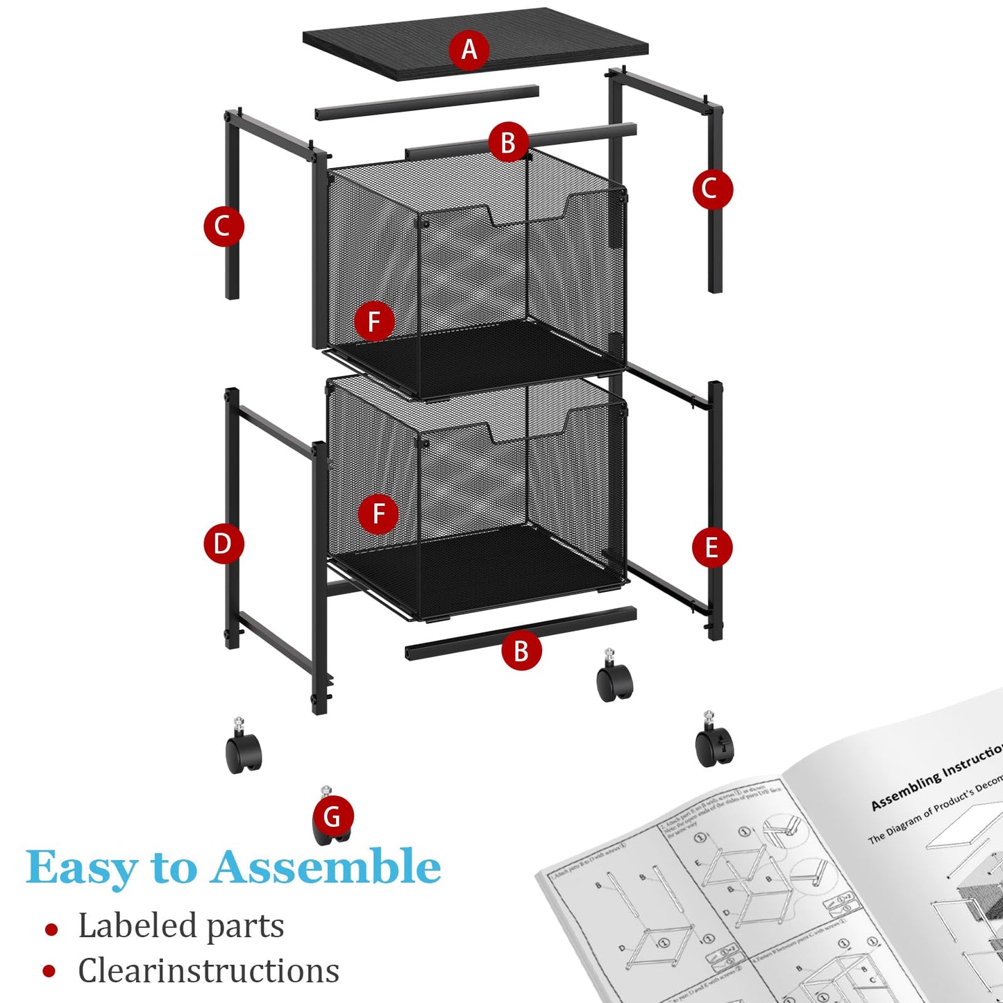 Sbanmao Rolling File Cart with 2 Storage Drawers, Mobile File Cabinet with Wheels, Hanging File Folder Organizer, Under Desk Storage, Printer Stand Utility Cart Filing Cabinet for Home Office,Black