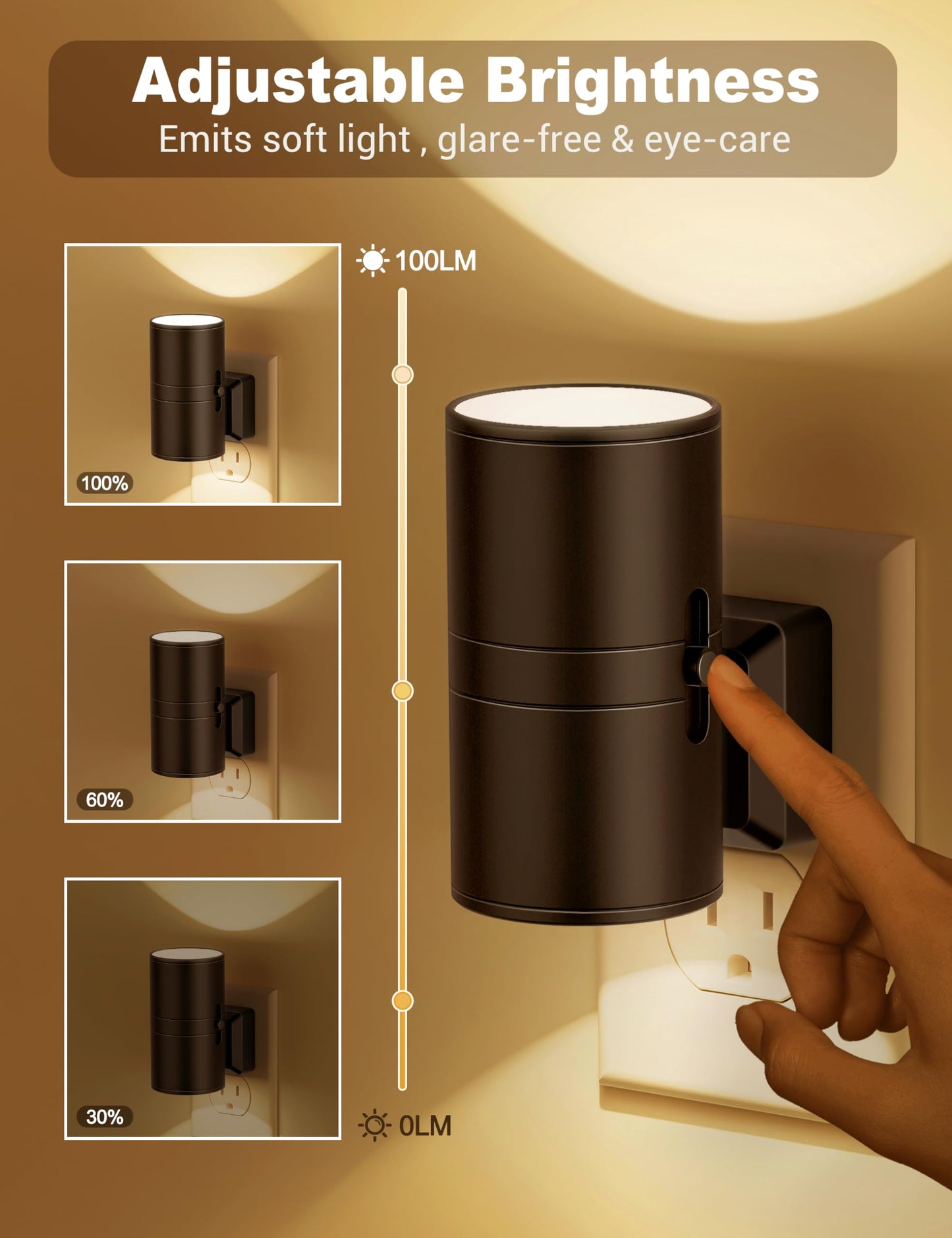 Night Lights Plug into Wall, Dimmable Night Light Plug in, Modern Night Lights with Dusk to Dawn Light Sensor, Soft White 3000K, 0-100LM Adjustable Brightness Nightlight for Hallway Bedroom, 2 Pack