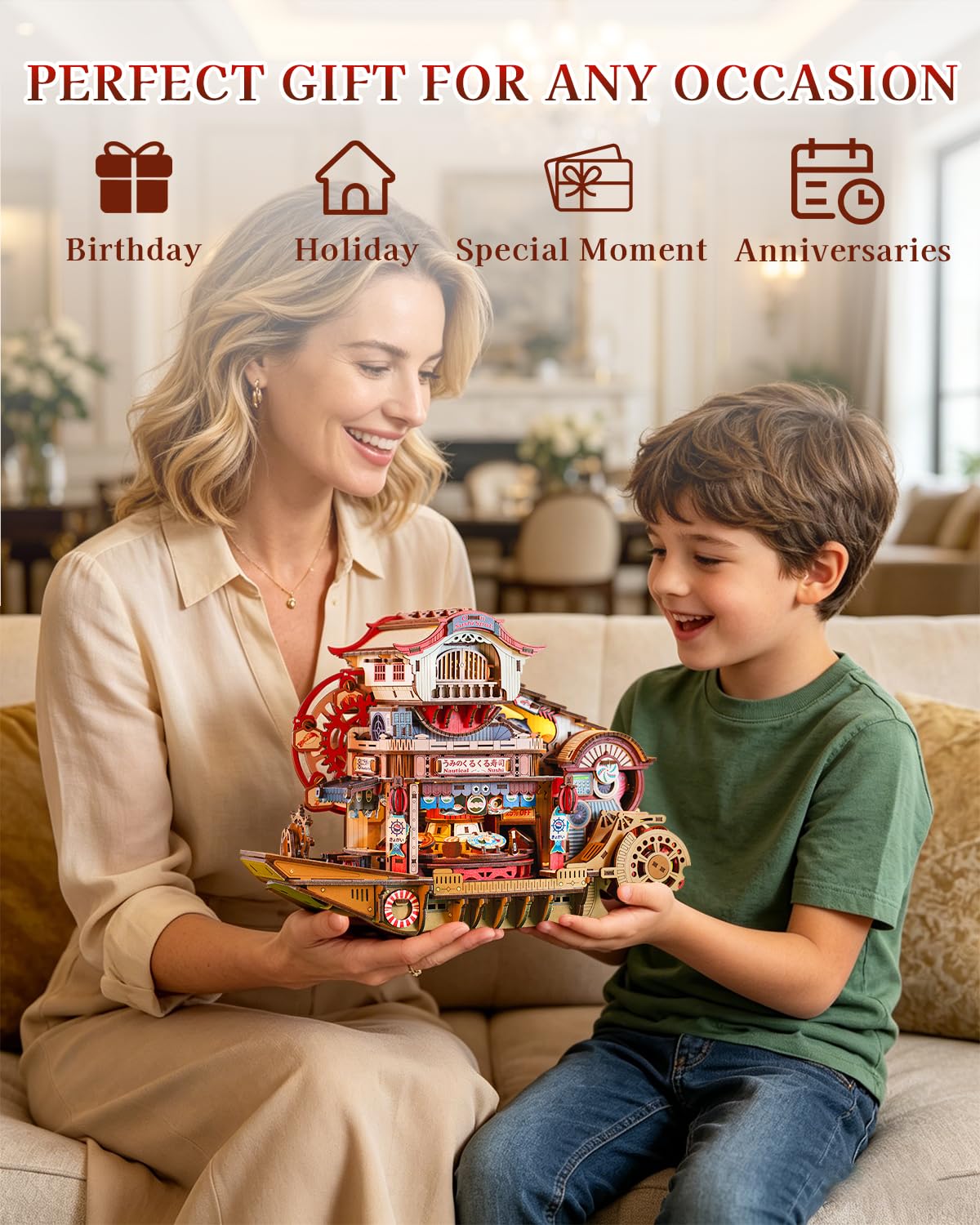 Nautical Sushi 3D Puzzles for Adults, 425PCS Wooden Mechanical Model Building Kit with Music and Lights, Miniature House Kit, Unique Home Decor Craft Gifts for Christmas Birthday Father's Day