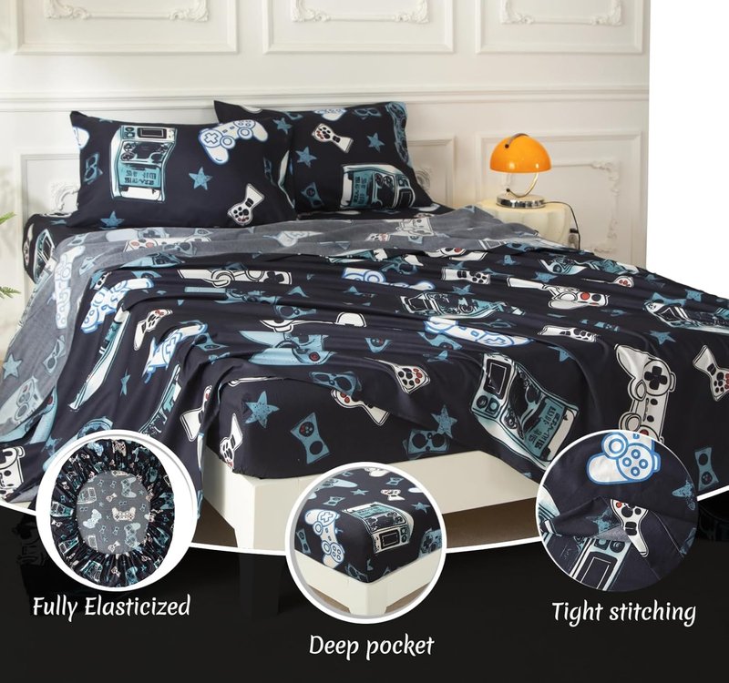 SDY 7PCS Full Gaming Console Comforter & Sheet Set,Soft Cute Gamer Microfiber Bedding for Kids, Boys & Toddlers Room Decor, Includes 1 Comforter, 1 Flat&Fitted Sheet, 2 Pillowcases & 2 Pillow Shams