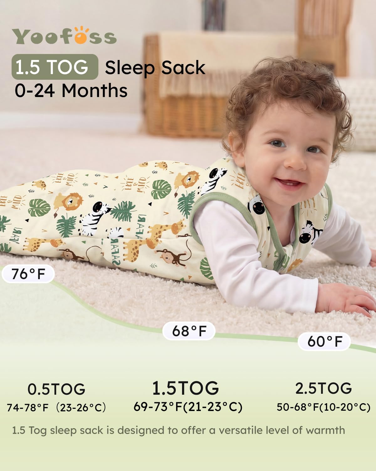 Yoofoss Baby Sleep Sack - 1.5 Tog Wearable Blanket for 0-6 Months | Soft Organic Cotton, 2-Way Zipper