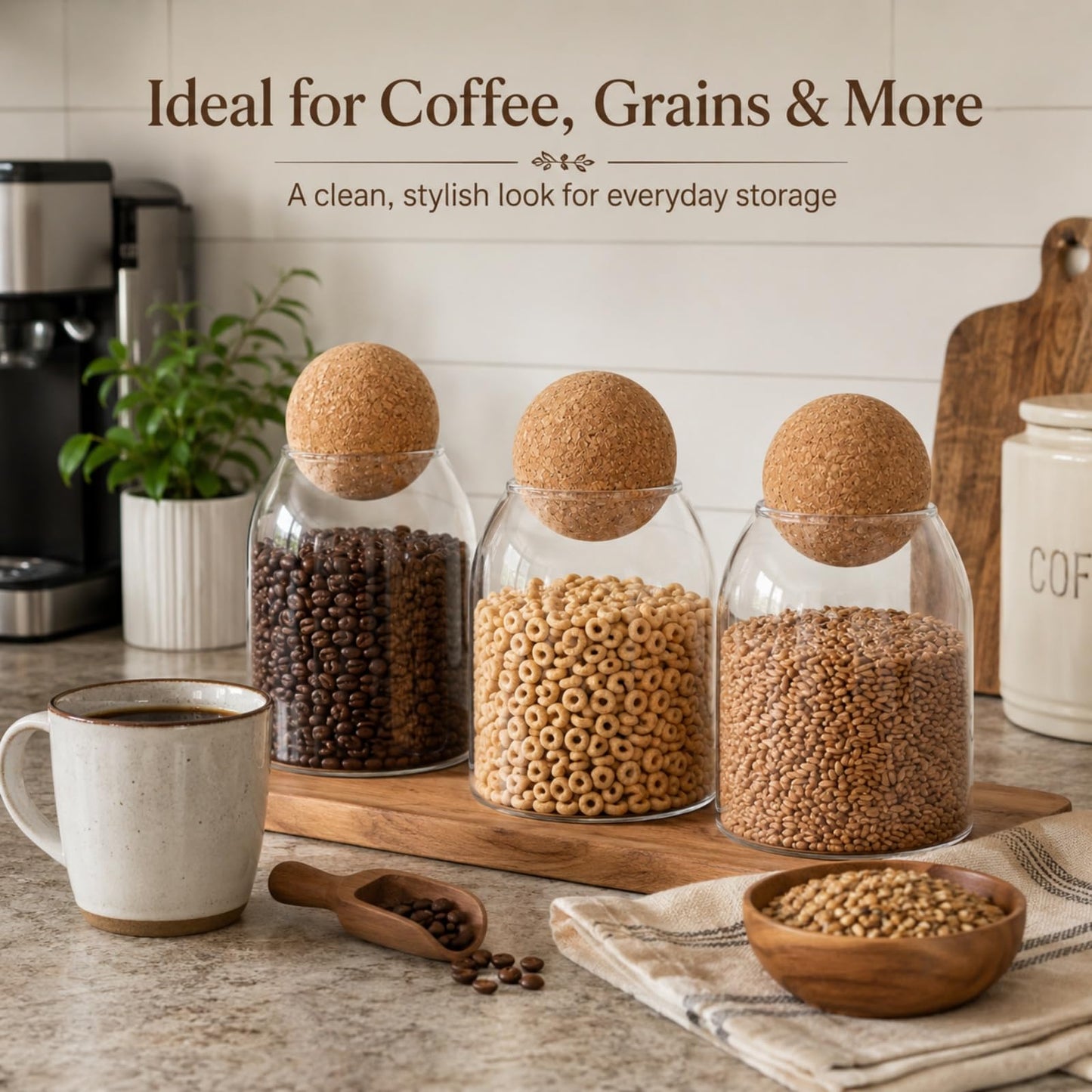 RHBLME 3 Pack Glass Storage Containers with Ball Cork, 17 Oz/500ML Glass Jar with Cork Lid, Round Cork Glass Bottle, Small Candy Jar with Wood Ball Lid for Food, Coffee, Sugar, Spice, Tea, etc