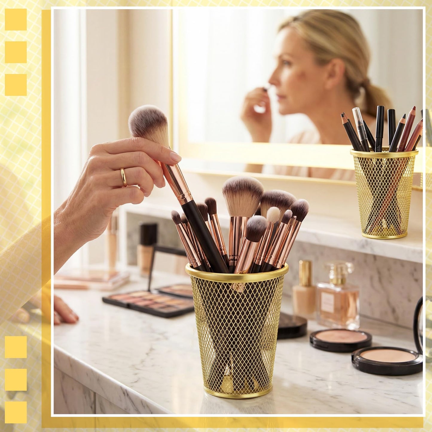 Poola Voidra 6 Pcs Gold Mesh Pen Holders Bulk Metal Pencil Makeup Brushes Cups Back to School Supplies Round Golden Organizer Golden for Desk Home Office Classroom Students Teachers Staff