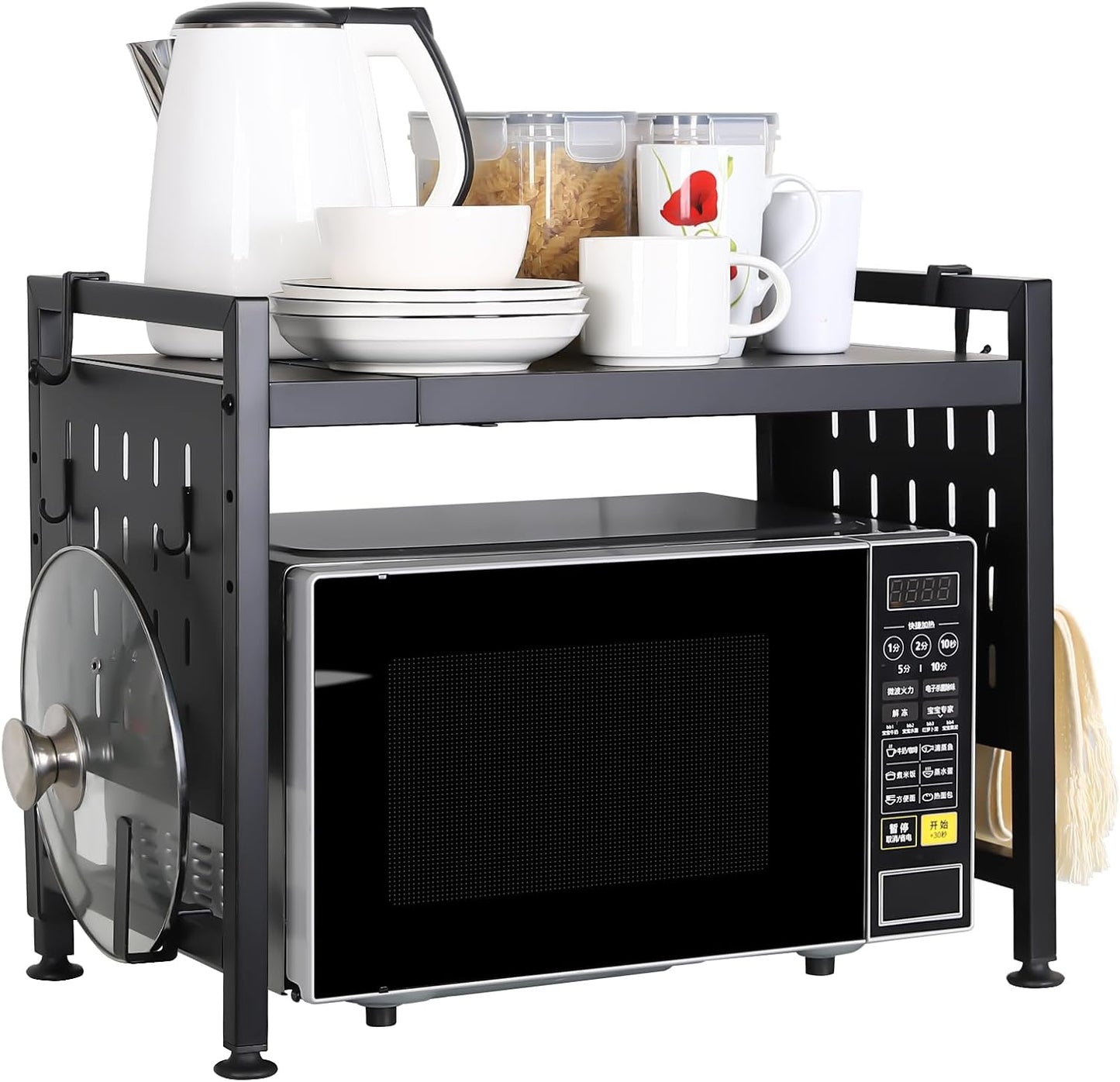 Extendable 2 Tier Microwave Oven Rack - Adjustable Shelf for Kitchen Countertop with 4 Hooks and Pot Lid Support