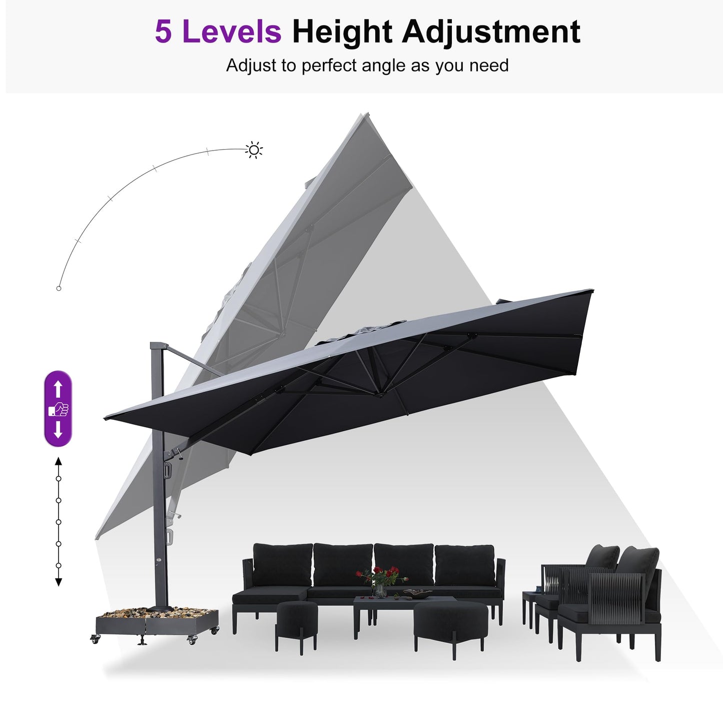 PURPLE LEAF 11' X 15' Rectangle Patio Umbrella Large Outdoor Aluminum Offset Umbrella with 360-degree Rotation Cantilever Umbrella for Garden Deck Backyard Pool Grey