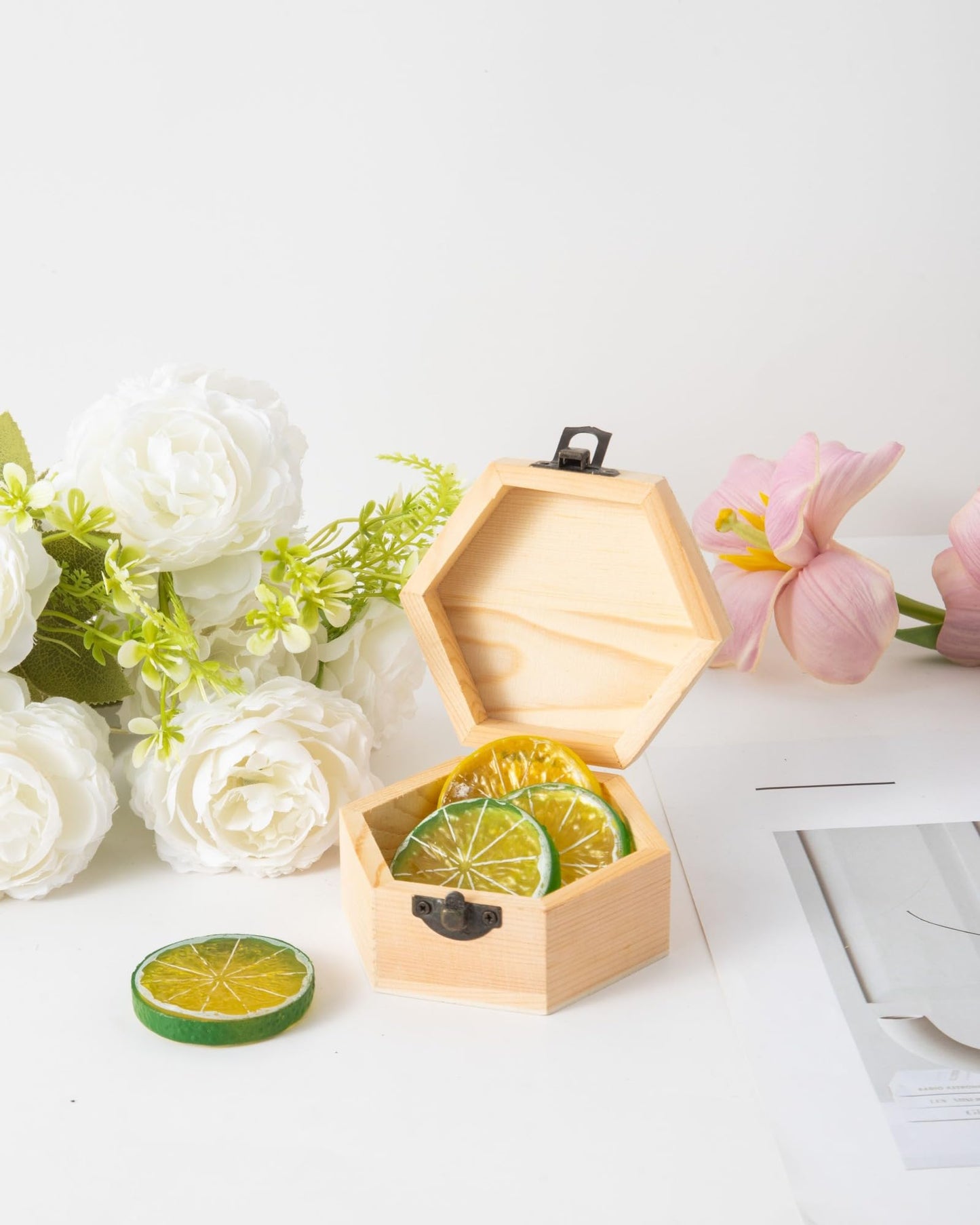 12 pcs Unfinished Vintage Wooden Hexagonal Pine Storage Boxes, 3.8X3.3X2.2in with Hinged Lids and Front Buckles for DIY Handmade Wooden Jewelry Box