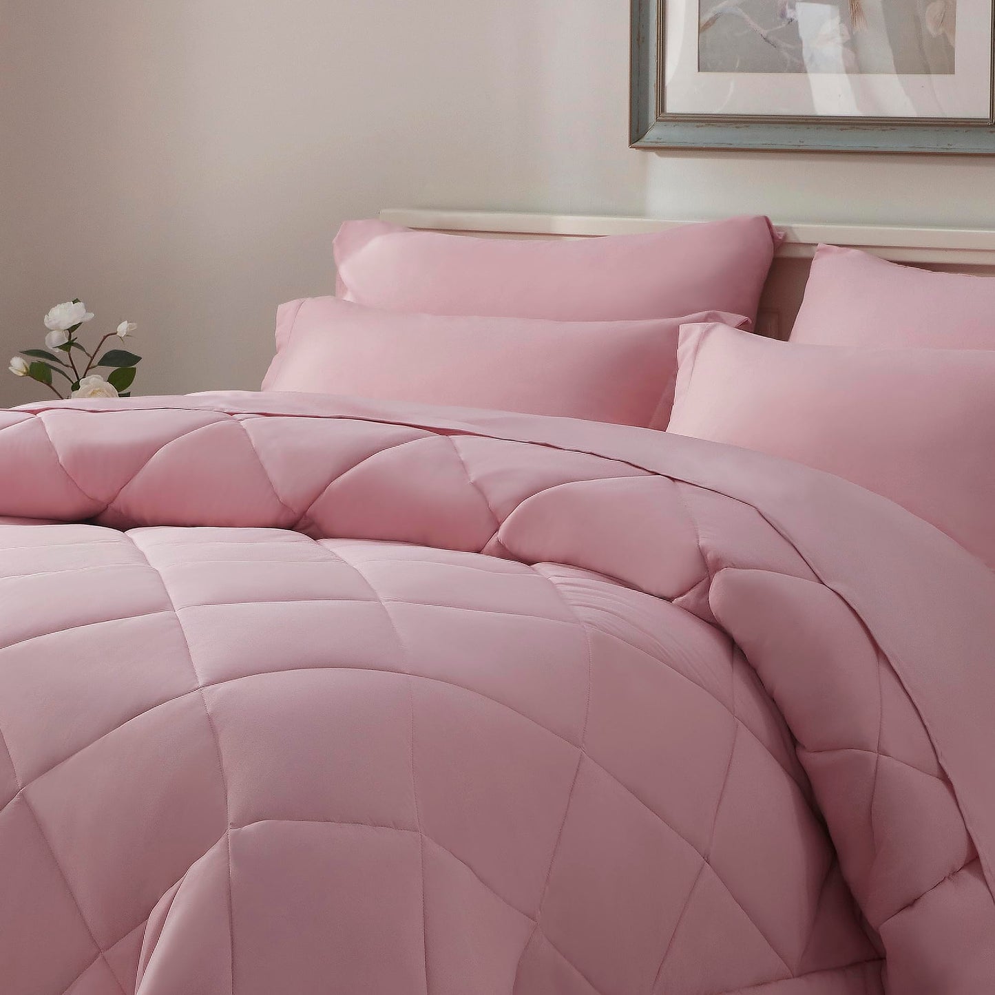 ELNIDO QUEEN® Queen Comforter Set - 7 Pieces Bed in a Bag Queen Size, Bed Set for All Seasons, Blush Pink Ultra Soft Bedding Sets with Comforter, Flat Sheet, Fitted Sheet, Pillowcases and Pillow Shams