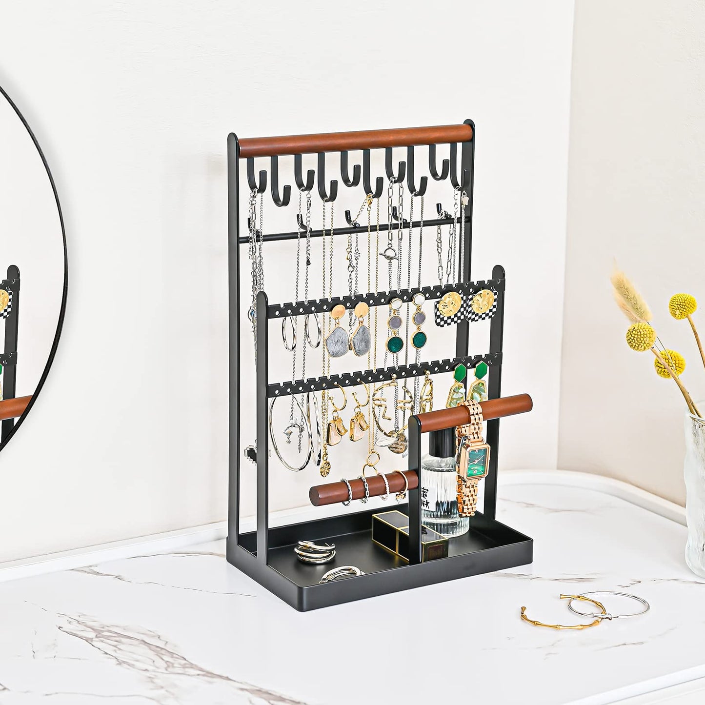 ProCase Jewelry Organizer Stand Necklace Organizer Earring Holder, 6 Tier Jewelry Stand Necklace Holder with 15 Hooks, Jewelry Tower Display Rack Storage Tree for Bracelets Earrings Rings -Black