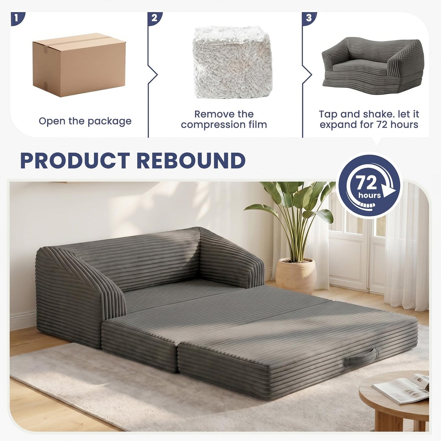 AOLVDOW Loveseat 51 inch, 2-in-1 Convertible Tri-Folding Sofa Bed with Thick Backrest & Carry Handle, Gray Foldable Couch Bed Lounger Sleeper Sofa for Living Room, Guest Room, Soft Corduroy