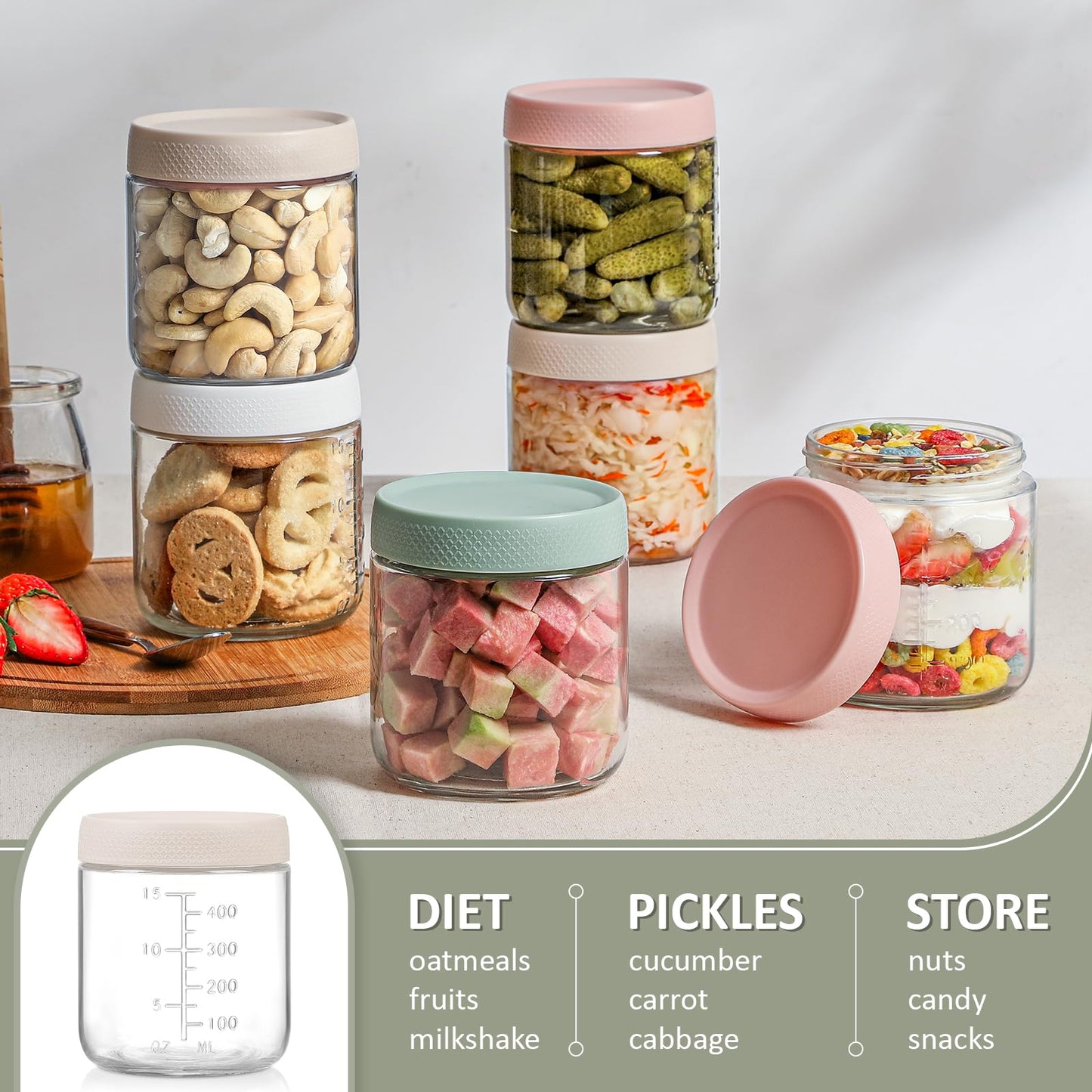 POIKSHARK 4-Pack Overnight Oats Containers with Lids,16 OZ Wide Mouth Glass Jars with Airtight Lids, Mason Jars Glass Food Containers for Snack Spice Sugar Food Prep Yogurt