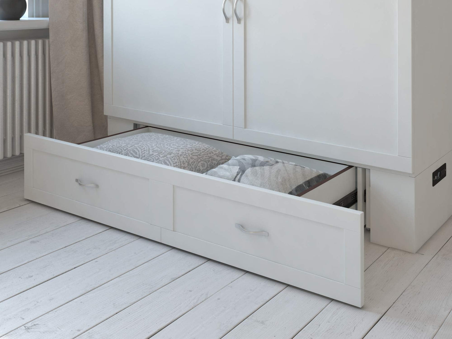 Modern Queen Size Murphy Bed Chest with Mattress, Storage, and Built-in Charger in White