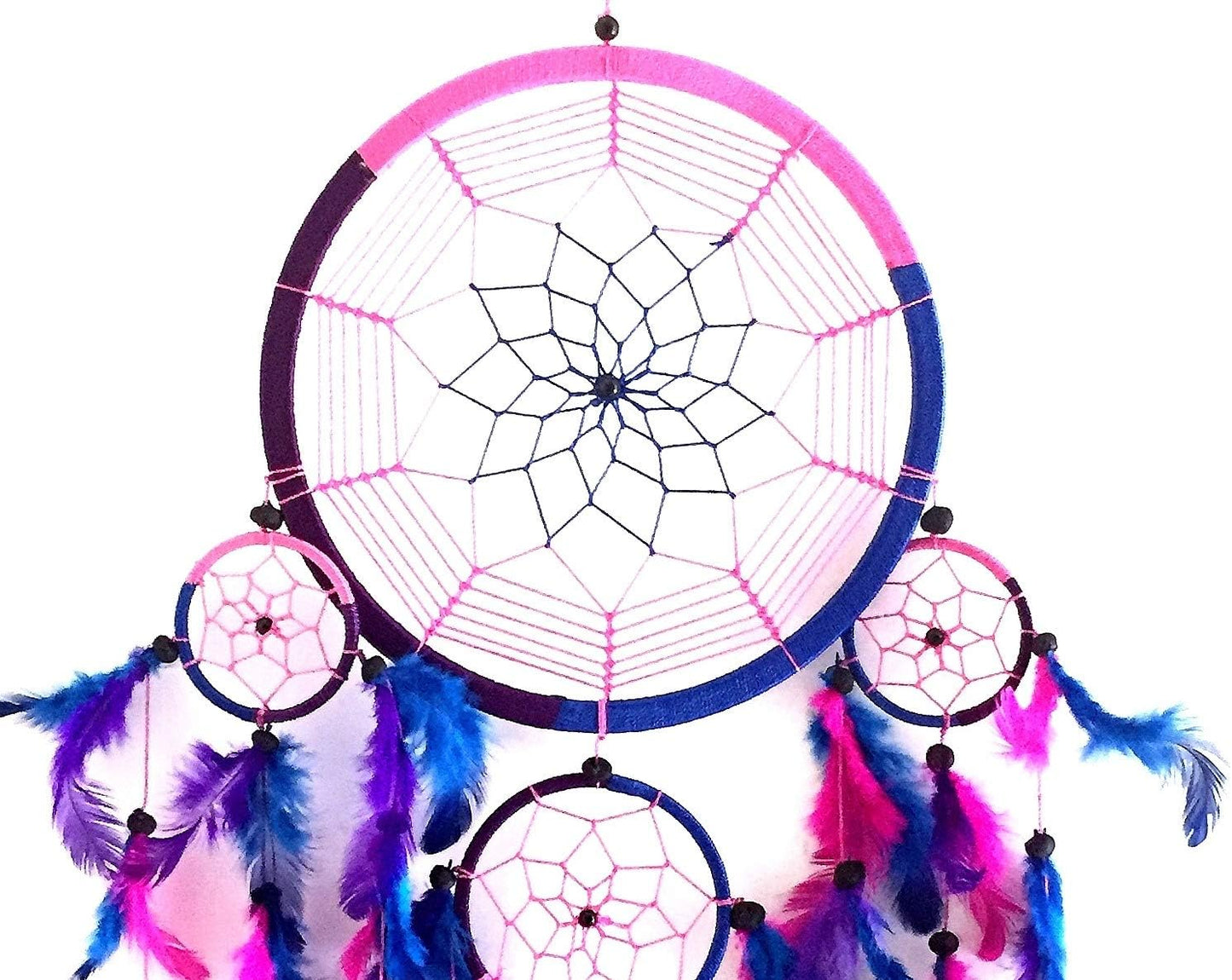 OMA Dream Catcher with Traditional Tie Dye Colors, Pink, Blue & Purple Feathers, 8.5" Diameter & 30" Long