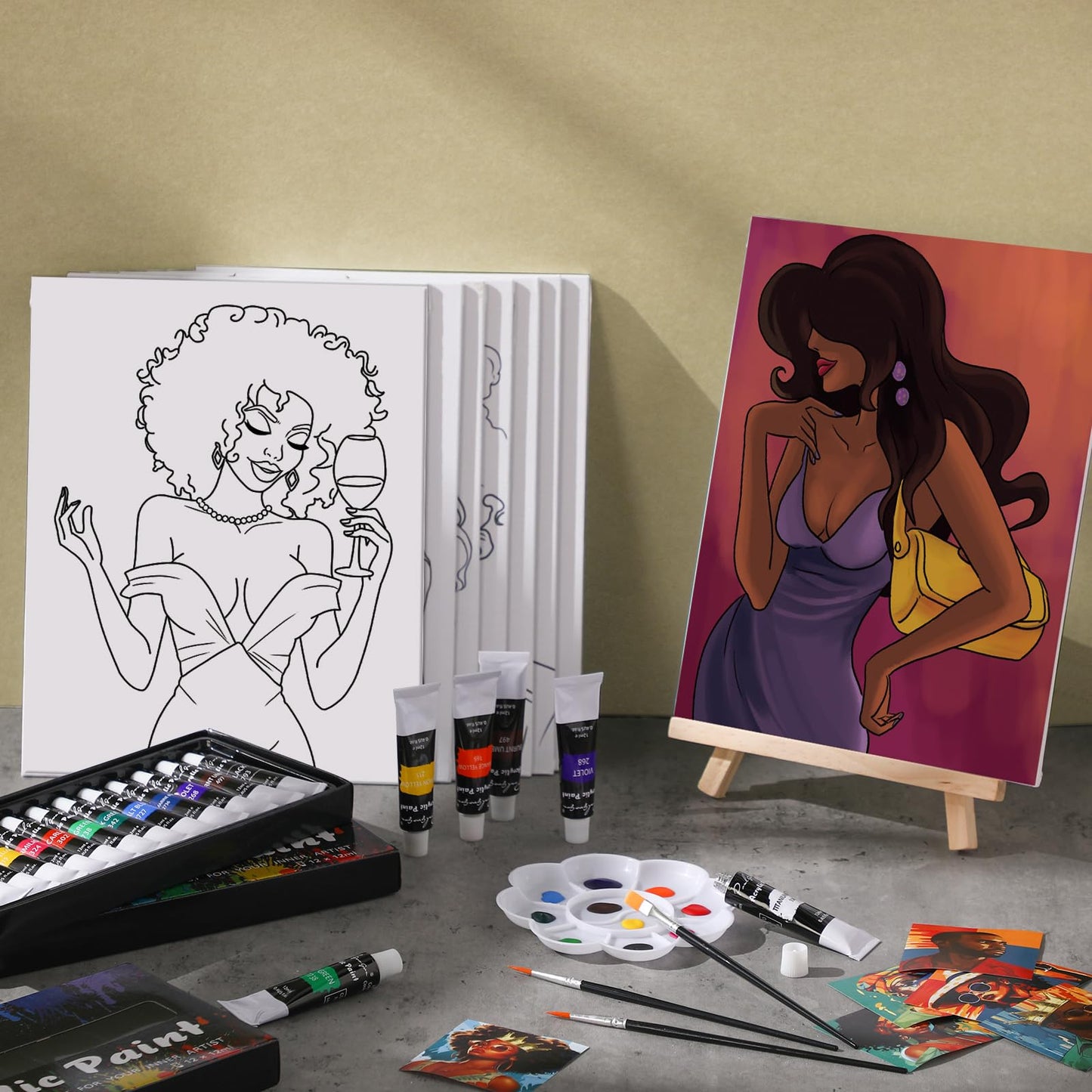 Cholemy 36 Pcs Paint and Sip Kit for Adults 8''x10'' Pre Drawn Canvas for Painting DIY Afro Acrylic Painting Kit Wood Easel Brushes Date Night Bulk for Father's Day Party Gifts(Charming Lady)