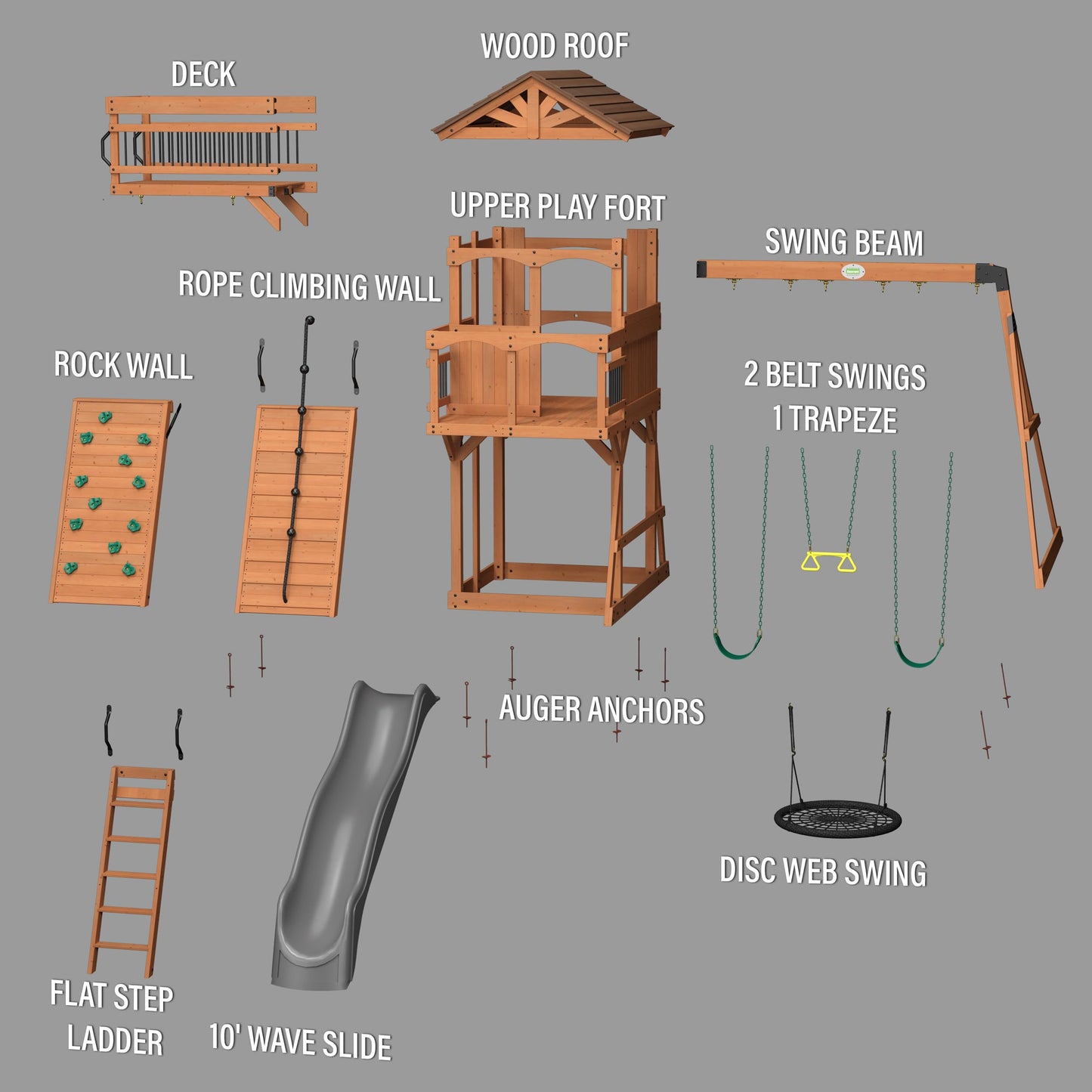 Backyard Discovery Sterling Point Cedar Wood Swing Set with Wave Slide, Raised Clubhouse, Wooden Bridge, Rock Wall, Belt Swings, Web Swing, Trapeze, Balcony, Climbing Wall, Ladder, Outdoor Playset