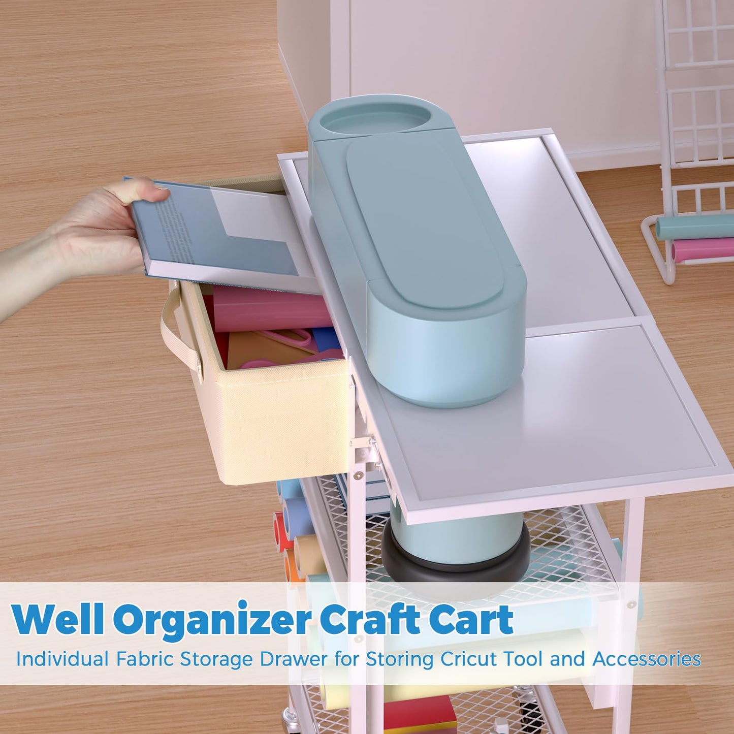 Craft Cart and Organizer Table Compatible with Craft Cutting Machine - Rolling Storage Organizer with Drawer & Vinyl Roll Holder, Crafting Table Workstation Holder for Craft Room Home Office (White)