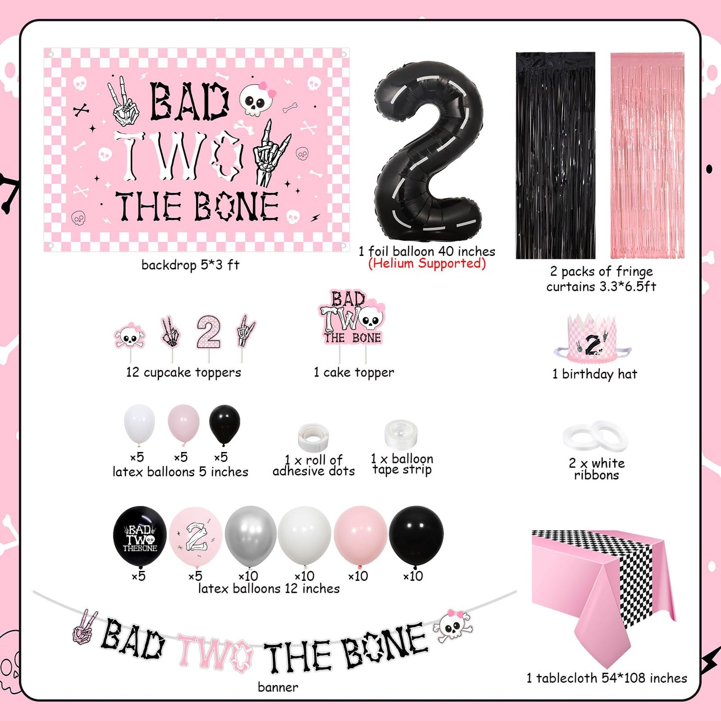 kreat4joy Bad Two The Bone Party Decoration Pink, Skeleton Theme Backdrop Banner Cake Cupcake Topper Table Cloth Hat Fringe Curtain Latex Balloon Garland Arch Kit for Girl 2nd Birthday Decoration