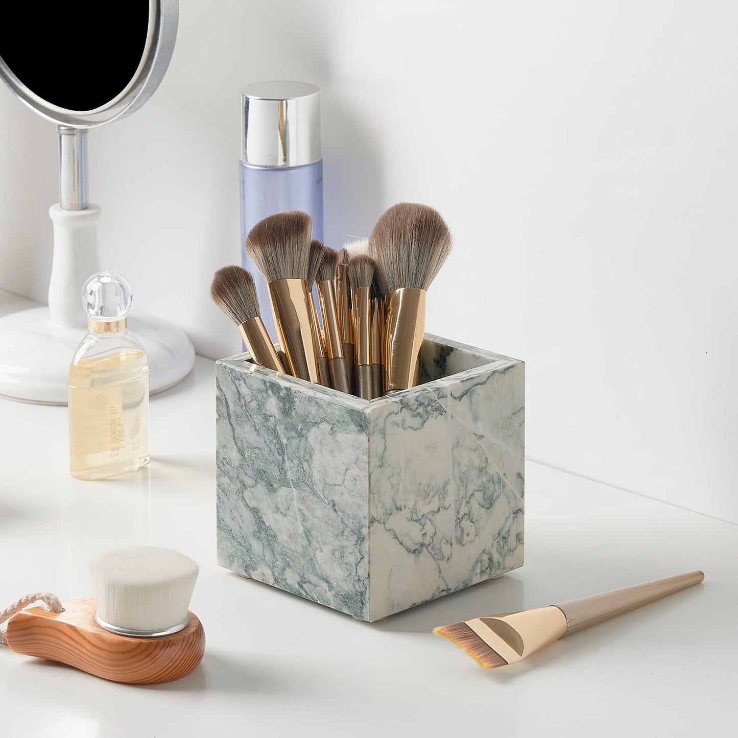 Real Luxurious Natural Marble Toothbrush Holder & Makeup Brush Organizer & Pen Holder for Desk,3.93inch Square Marble Utensil Holder Non-Ceramic/Non-Resin (Cyan Green)