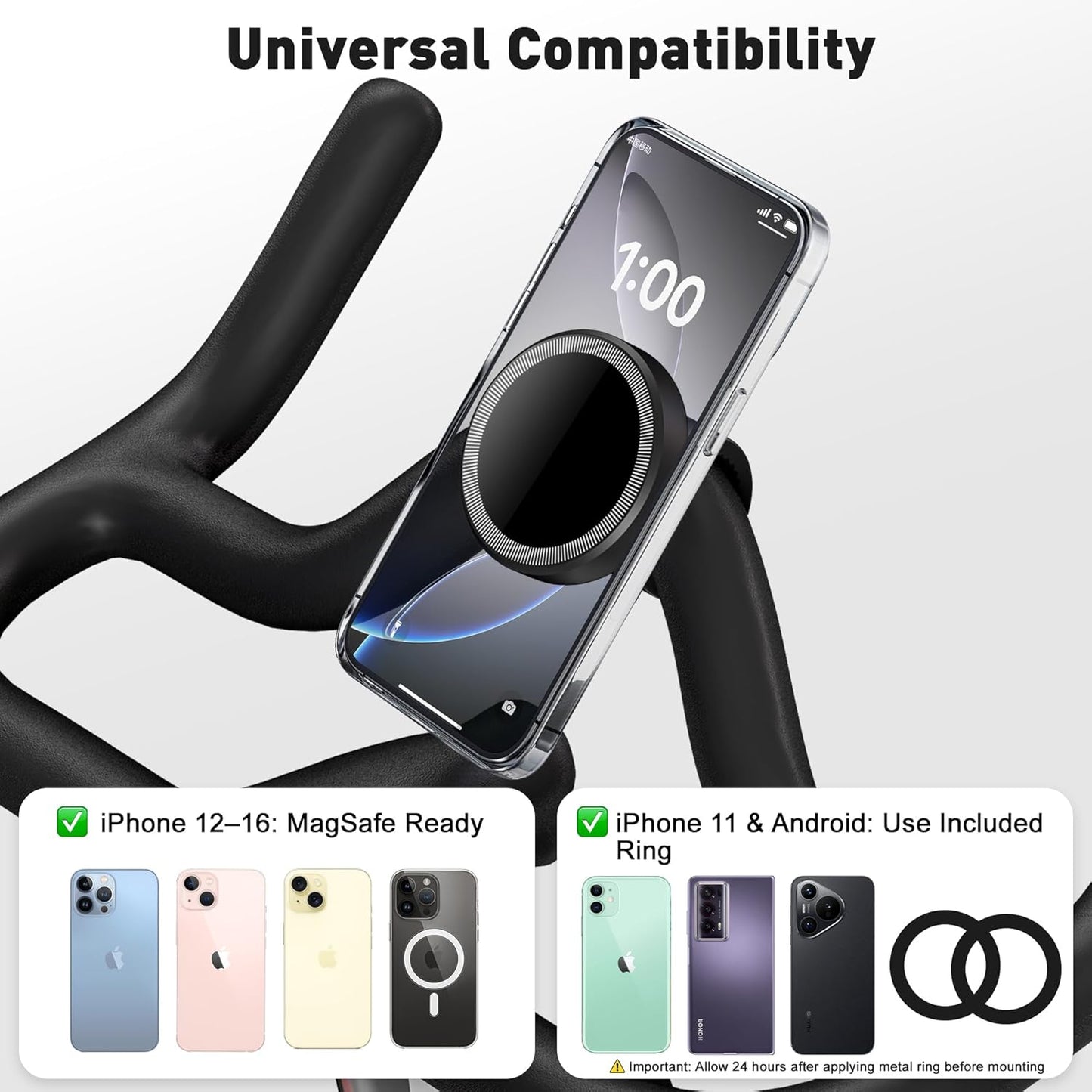 Stroller Phone Holder, Compatible with MagSafe, Magnetic Handlebar Mount, 17x N52 Strong Magnets, Fits Treadmills, Peloton, Shopping & Golf Carts, Adjustable Strap, iPhone 12โ16 & Android