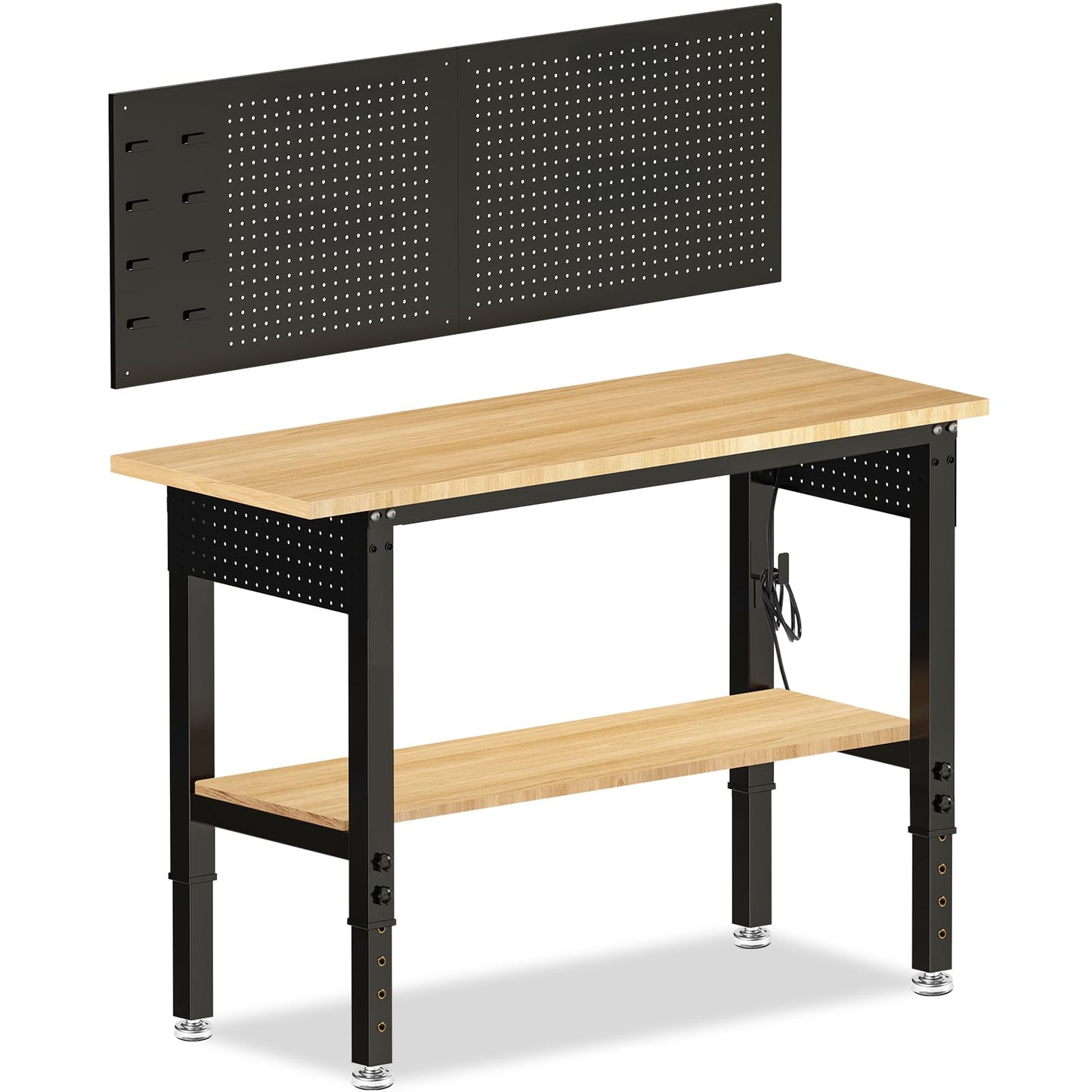 MUWOOD Adjustable Height Work Bench 48×24 Workbench for Garage with Under Table Shelf Heavy Duty Rubber Wood Work Table for Shop Woodworking, Office, Home, Commercial