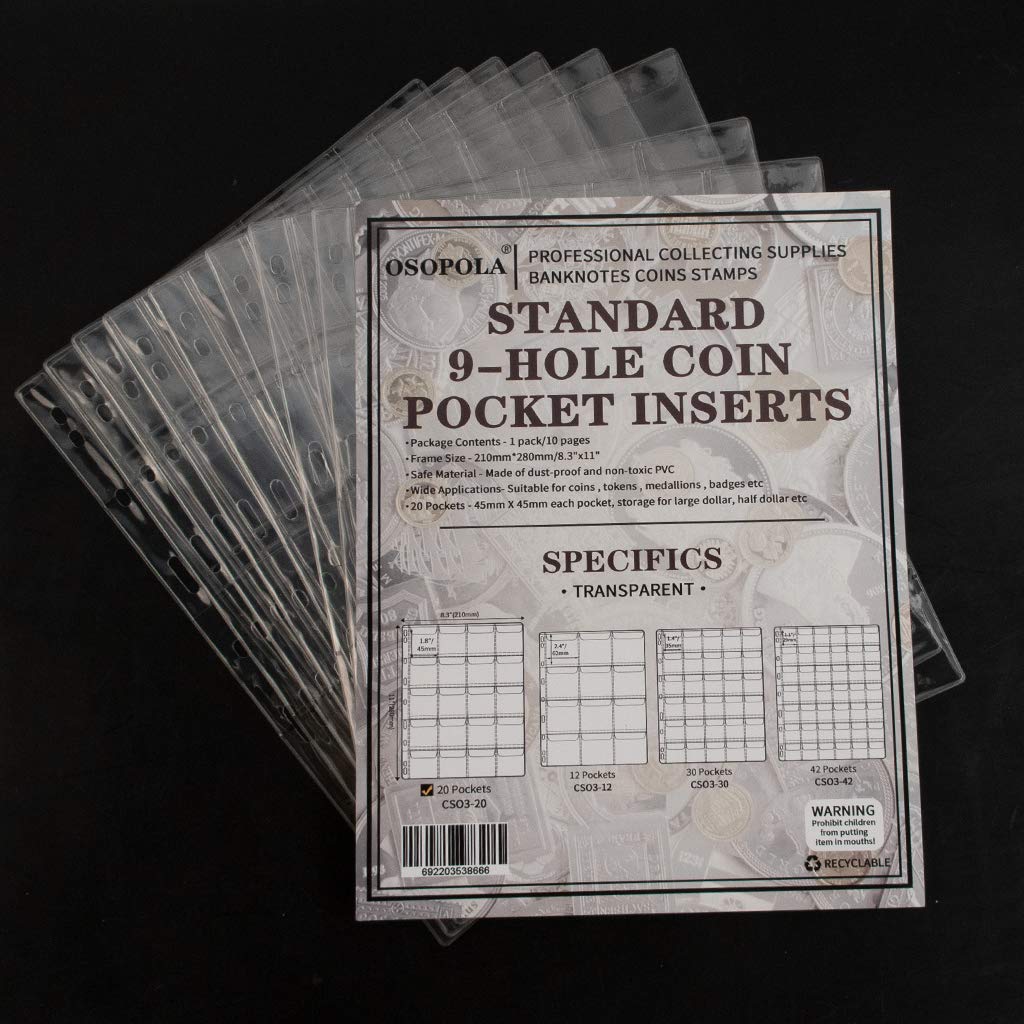 200 Pockets Coin Binders Pages - 1.77 inch Holders 10 pcs Loose-Leaf Sheets Acid-Free Collection Holders for Medallion Coin Stamp Currency Collecting Supplies 45x45 mm / 1.77x1.77 inch CS03220