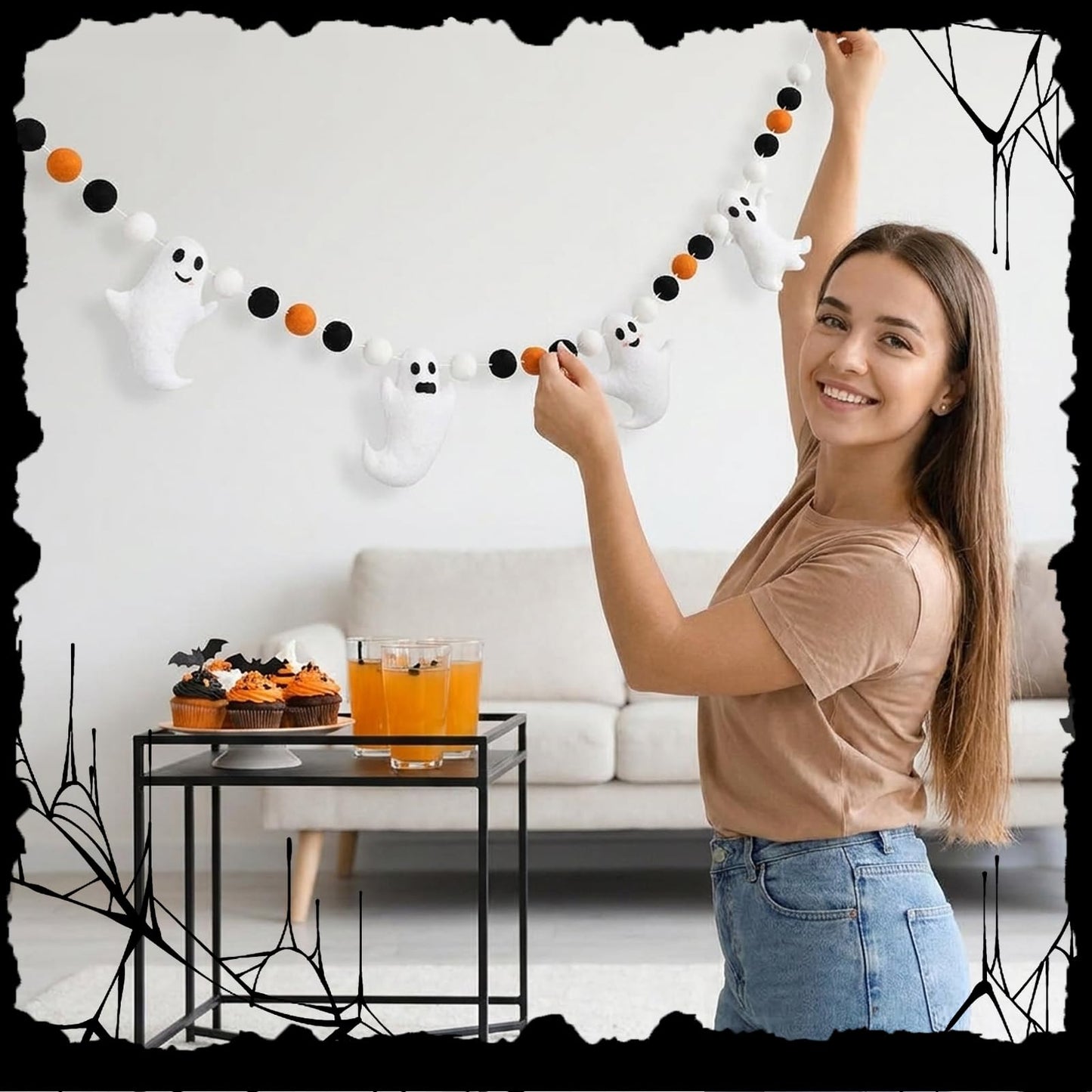 Whaline 6.6 Ft Halloween Theme Banner Different Expressions Cute Ghosts Banner Black White Orange Party Banner Felt Ball Garland for Halloween Haunted Houses Decors Doorways Home Mantel Suppliers