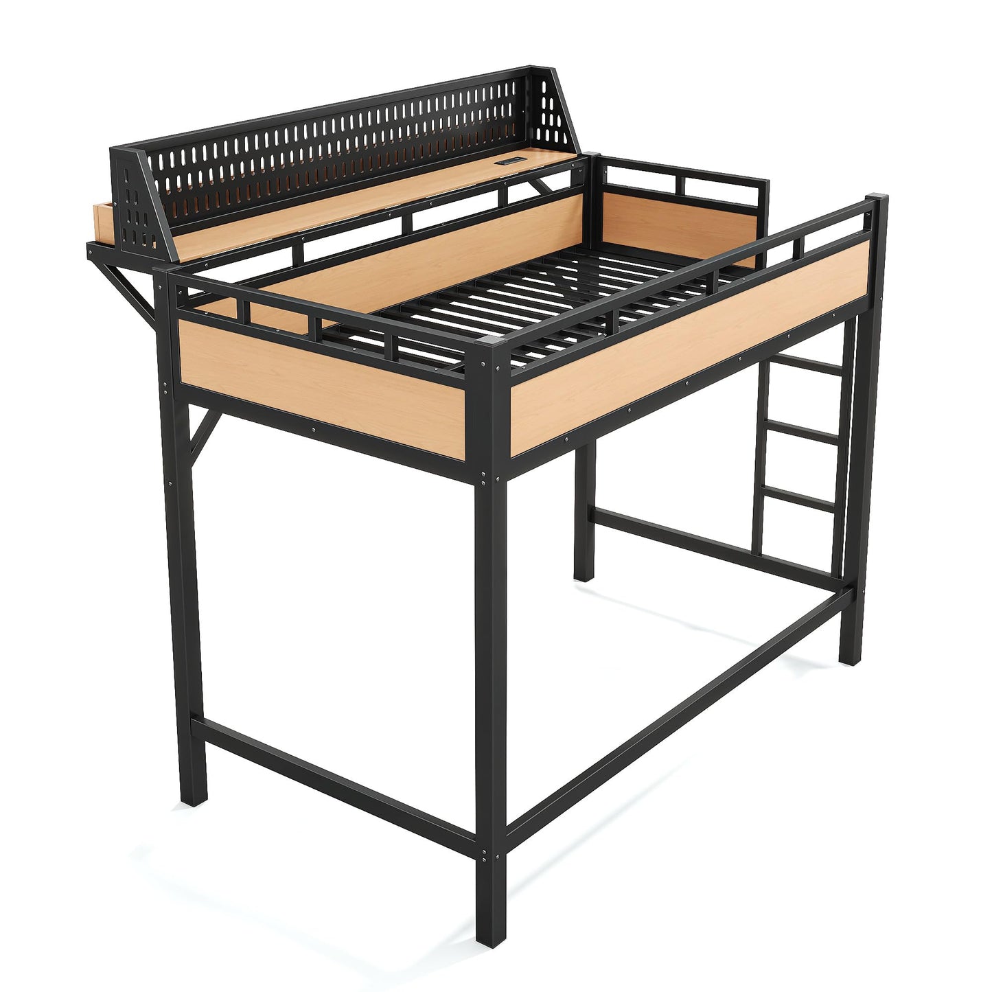 DNYN Metal Loft Bed with Storage Guardrails and Pegboard for Teens Bedroom/Dorm, Twin XL Size Loft Bed Frame with USB Ports and LED, Space-Saving Design & No Box Spring Needed