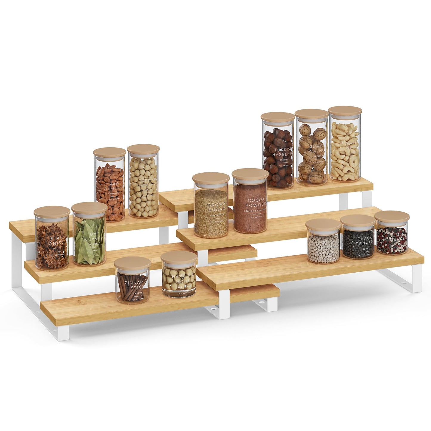 SONGMICS Display Risers, Set of 2 Engineered Wood Perfume Organizer Stand, 3-Tier Cupcake Stand Holder, Spice Rack, Shelf Risers for Figures, Dessert Shelves, Natural Beige and Ink Black UKCS016N01