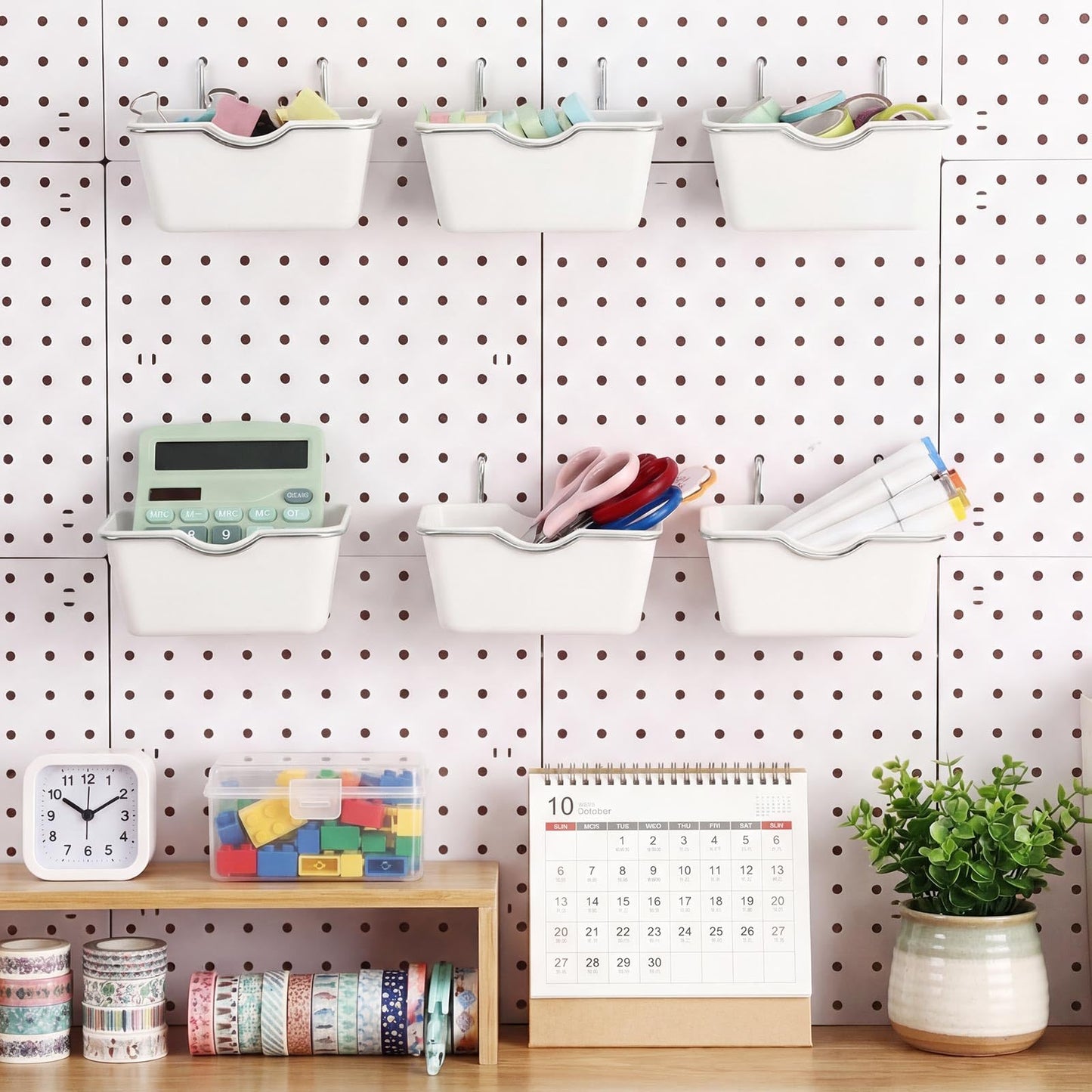 Willinglong 6 Sets Large Pegboard Bins with Hooks Loop Peboard Accessories Peg Board Hook Assortment Wall Organizer Square Box Shape Peg Board Container for Office Wall Craft Supplies Garage (White)