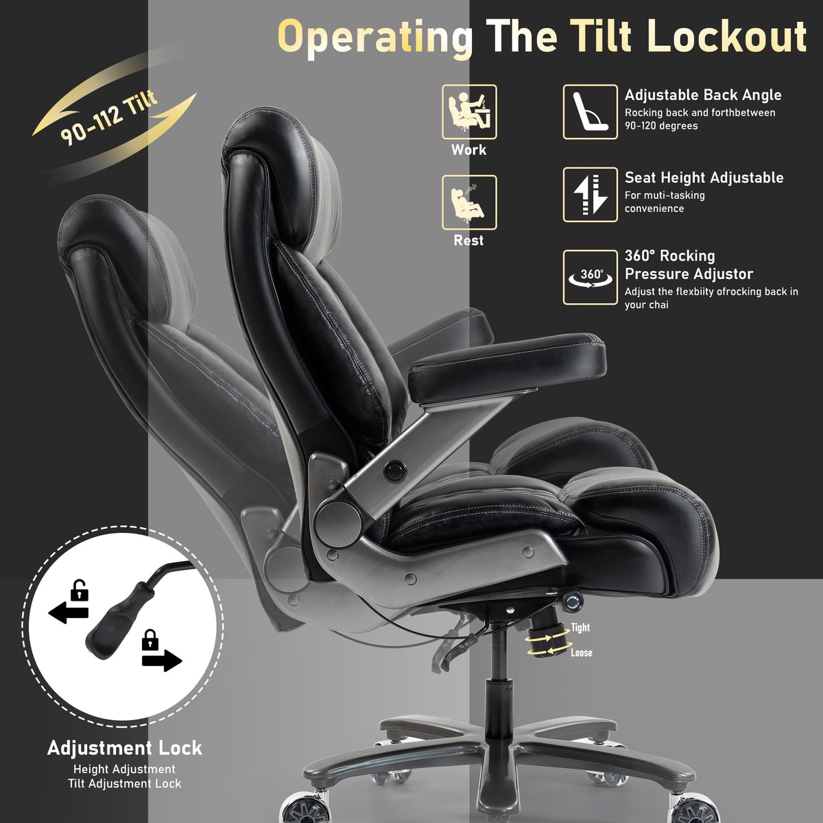 DYHOME 700LBS Heavy Duty Office Chair with 4D Armrest, Comfy Big and Tall Executive Office Desk Chair, Ergonomic Computer Chair with Pocket Spring Cushion & Lumbar Support, Dual Rubber Wheel (Black)