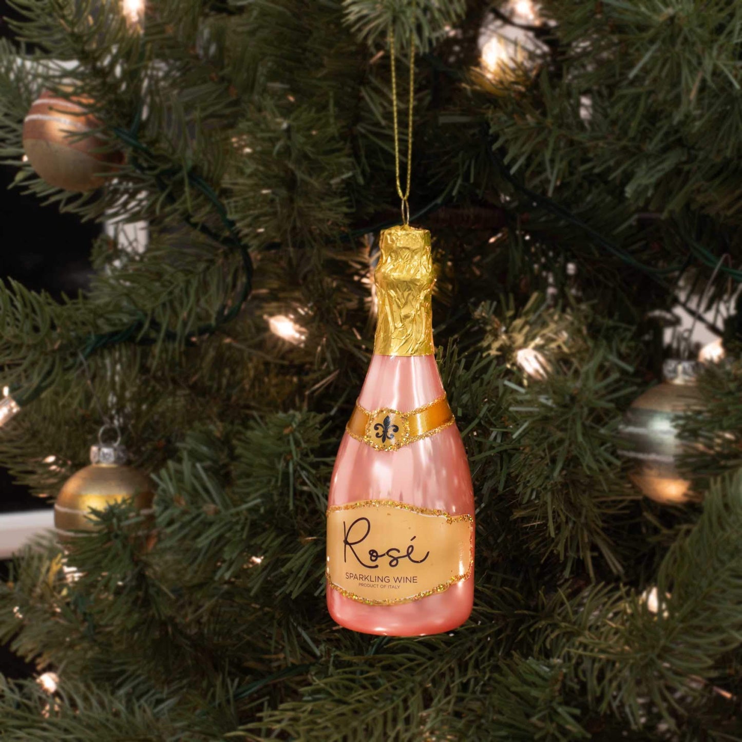 Raz 4052892 Christmas Catalog Rose Sparkling Wine Hanging Ornament, 6-inch Height, Glass