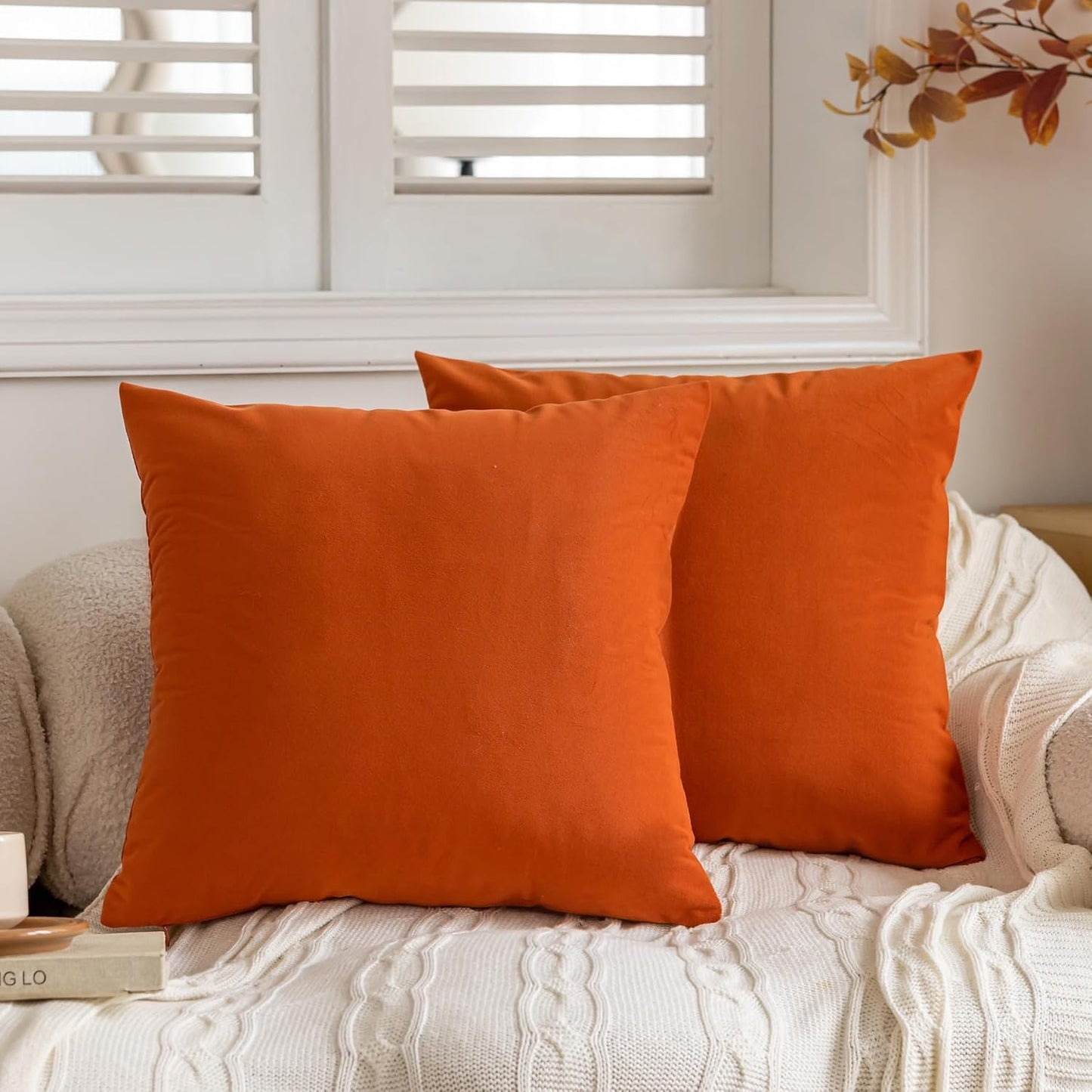 FEVERQIYI 20x20 Velvet Pillow Covers Set of 2 – Burnt Orange Decorative Square Throw Pillowcase Soft Solid Cushion