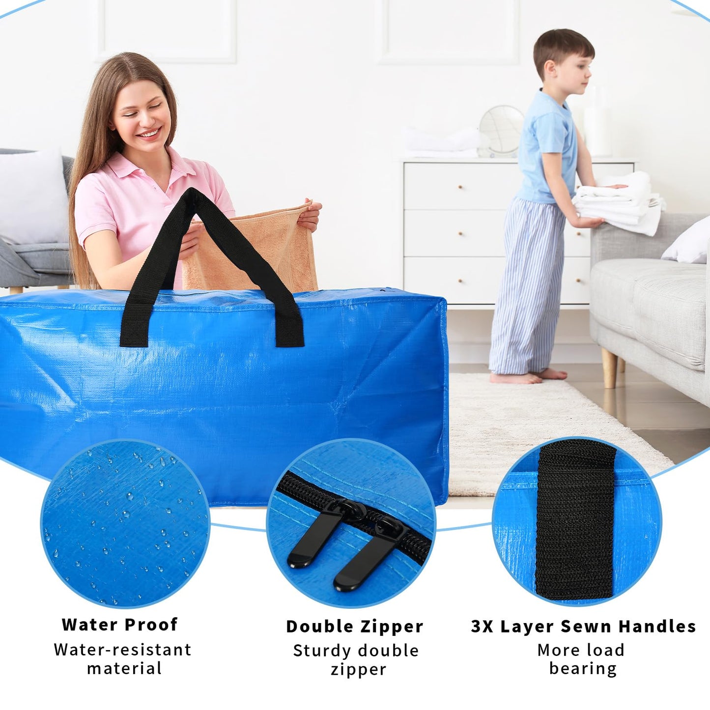 4 Pack Heavy Duty Extra Large Moving Bags Storage Tote - Strong Handles& Backpack Straps - Space Saving Storage Bags Alternative to Moving Boxes and Bins,Compatible with Ikea Frakta Cart, Blue