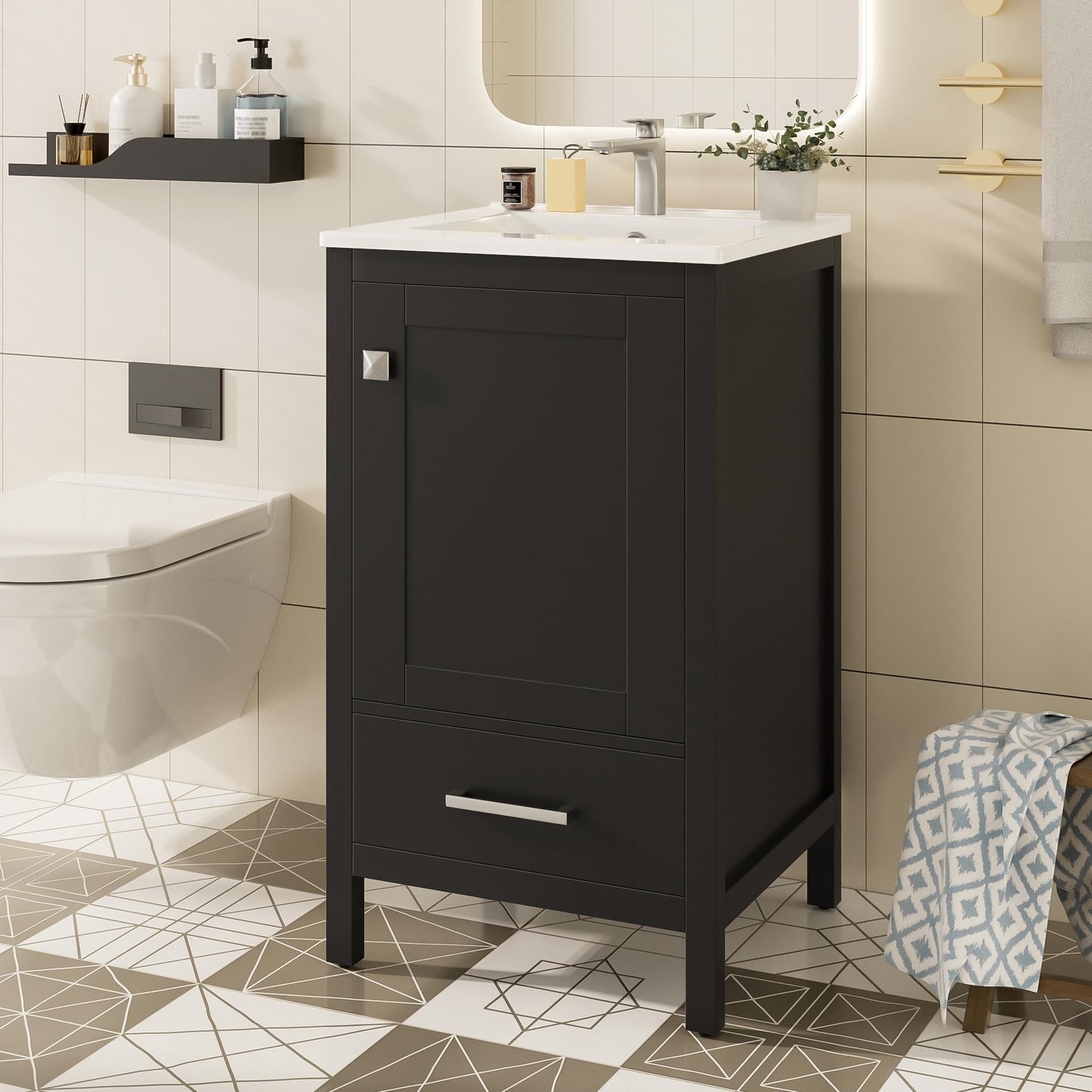 Merax 20" Bathroom Vanity with Ceramic Sink, Soft-Close Drawer & Door, Double-Layer Door Organizer, Divider Drawer, Adjustable Foot Pads, Modern Freestanding Storage Cabinet for Small Bathrooms