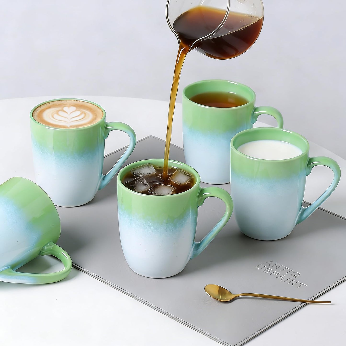 MONITO 14 OZ Coffee Mugs Set of 6, Large Ceramic Blue Coffee Mugs Set with handle for Tea/Latte/Milk/Cocoa, Funny Tea Cups for Office and Home, Engagement Gifts. (White-green)