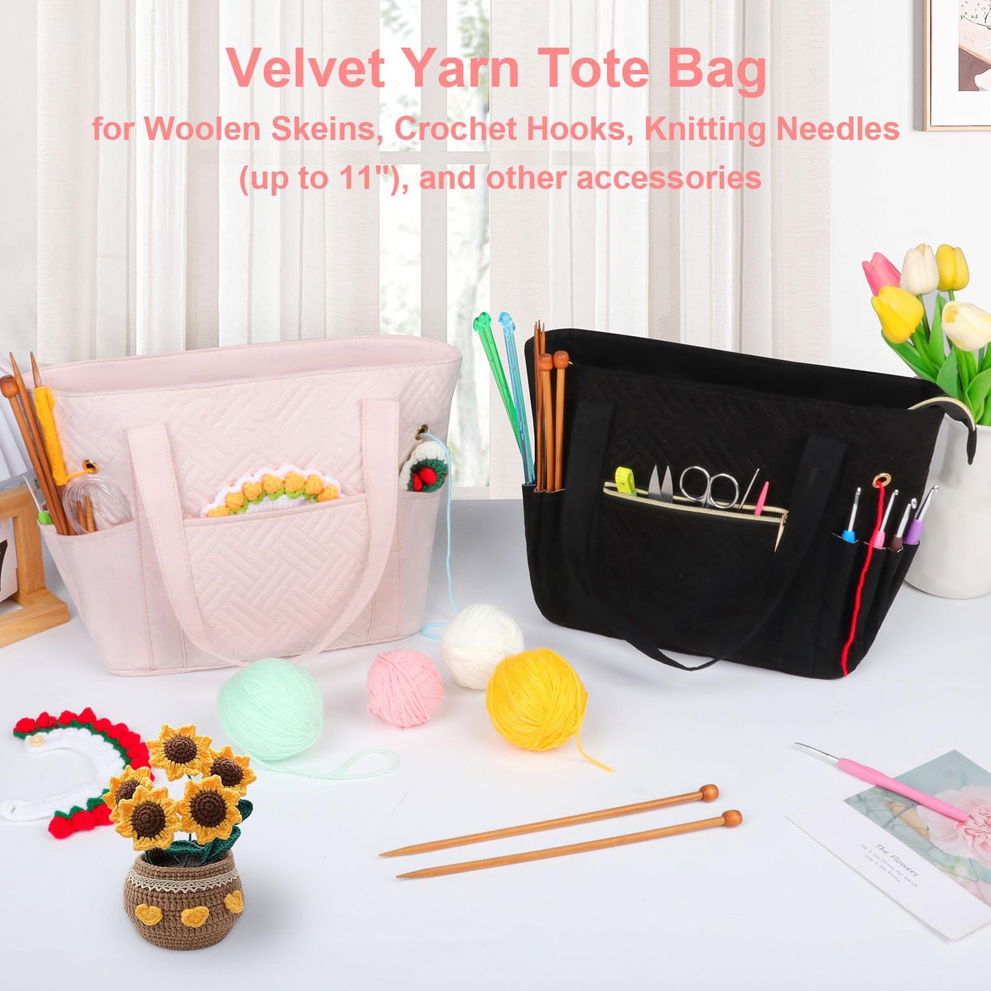 Veirdro Crochet Bag Organizer for Yarn Storage, Velvet Knitting Tote Bag with Double Handle for Crochet Accessories, Portable Travel Case for Yarn Balls, Crochet Hooks& Knitting Needles Holder (Pink)