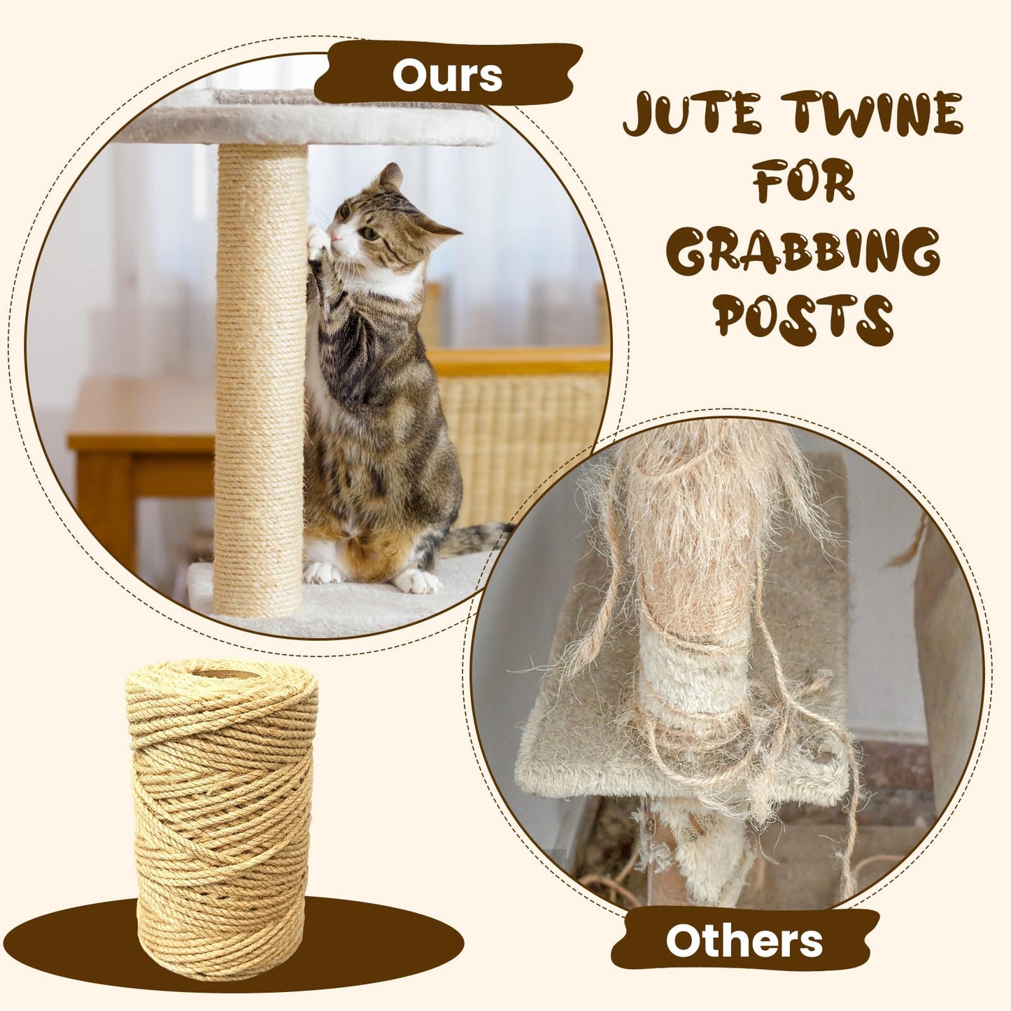 Natural Jute Twine 6mm x 328ft, 4Ply Twisted Heavy Duty Rope Roll for Gardening, Crafting, Bundling, Cat Scratching Post, Home Decor, Christmas Decorations