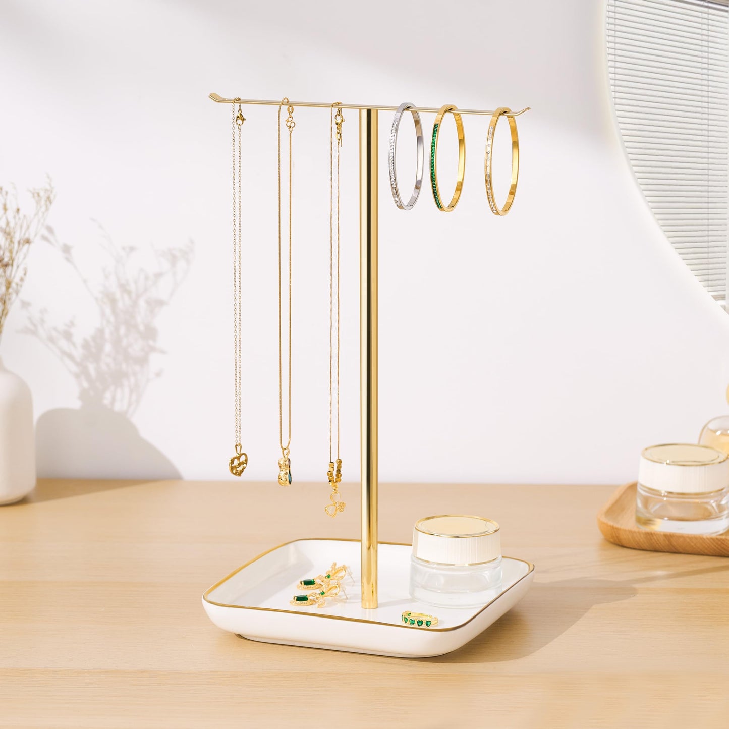 pickpiff Necklace Holder Stand with Ceramic Base: 12" Jewelry Tree Display Organizer for Necklaces, Bracelets, Rings, Earrings, Tall Gold Stand for Women, Aesthetic Room Décor, Gold and White