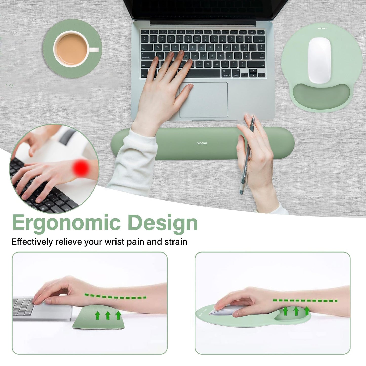 MOSISO Wrist Rest Support for Mouse Pad&Keyboard Set, Circle Curved Ergonomic Mousepad&Coaster Non-Slip Base Home/Office Pain Relief&Easy Typing Pad with Soft Cloth&Raised Memory Foam, Antique Green