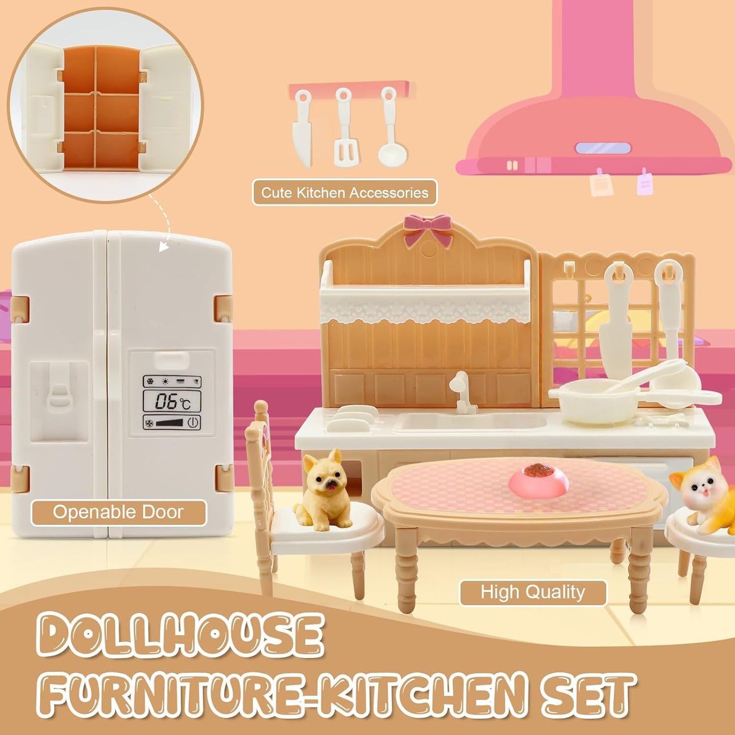 36Pcs Dollhouse Furniture Set,Miniature 1:12 Scale Dolls House Accessories with Cat,Dog,Kitchen, Dining Room, Living Room,Bedroom for Playhouse Toy(Beige)