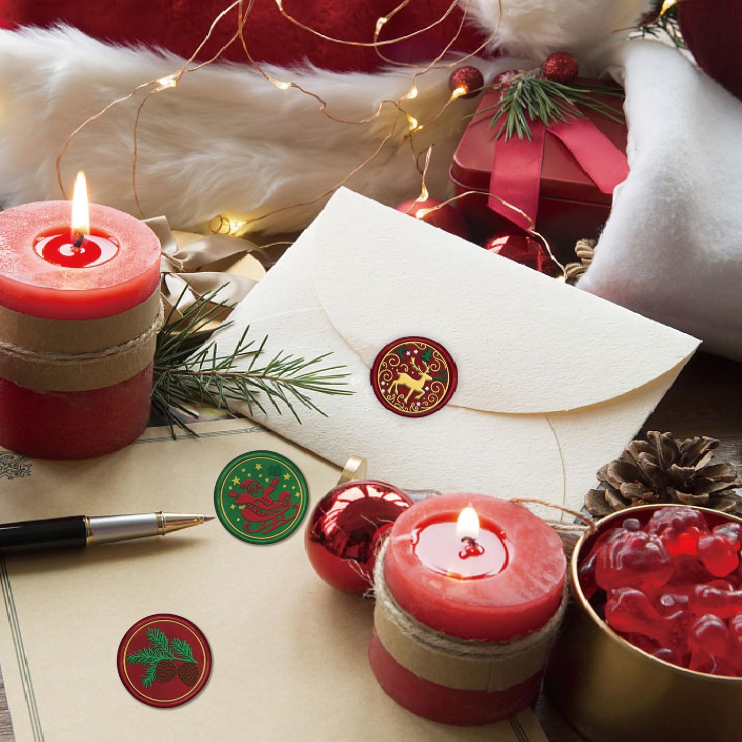 CRASPIRE 7Pcs Merry Christmas Wax Seal Stamp Set Sealing 6 Styles Stamps 25mm Heads+1Pc Wood Handle Snowflake Santa Claus Pinecones Deer for Xmas Party Envelope Invitation Cards Gift Wrapping Crafts