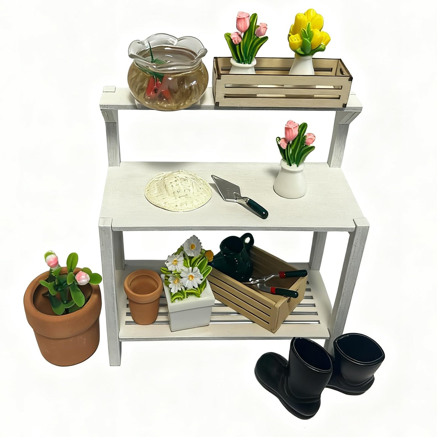 Miniature Dollhouse Garden Potting Bench Set, 1:12 Scale, with Tools, Flowers, Pots and Fish Bowl (Potting Bench)