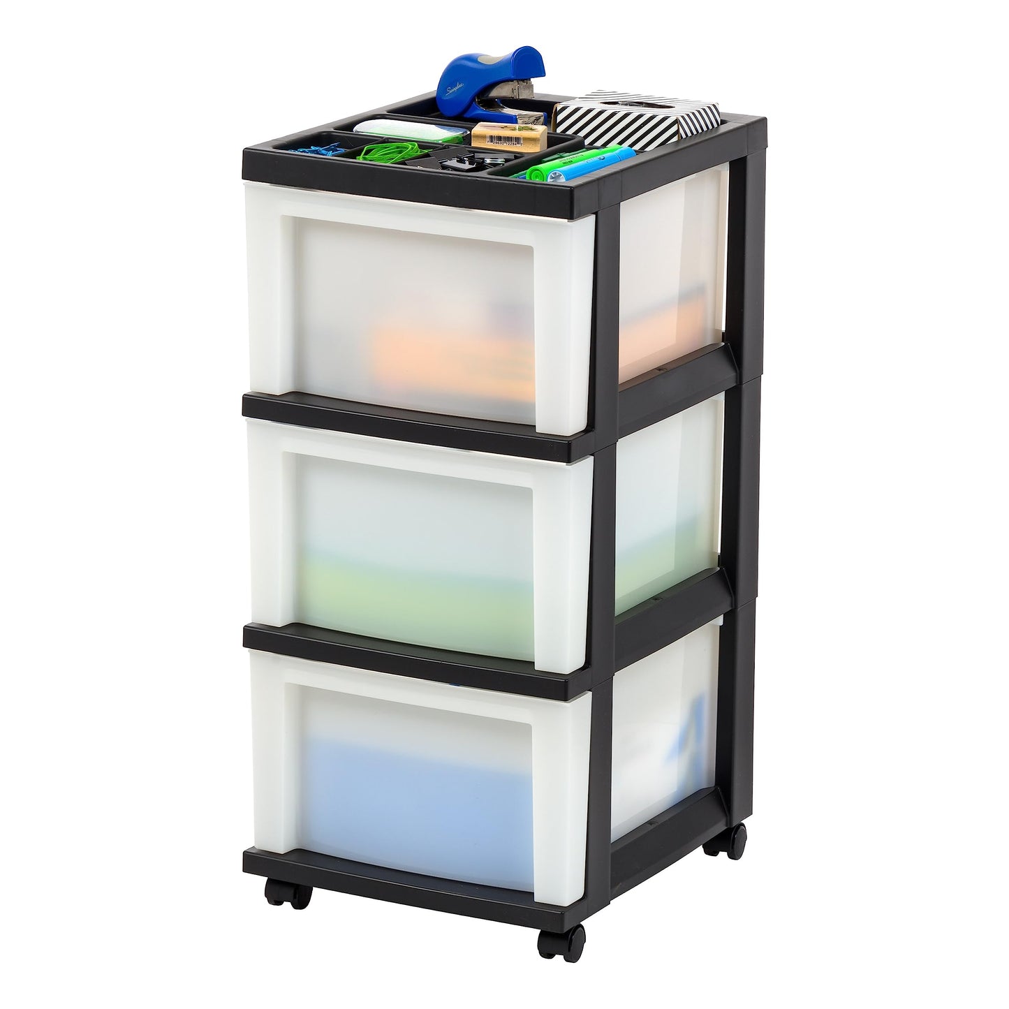 IRIS USA Plastic Drawer Storage Organizer Rolling Cart, with Wheels Casters, 3-Drawers, for Classroom Art Craft Supplies Dresser Closet Bathroom Laundry Room, Black/Pearl
