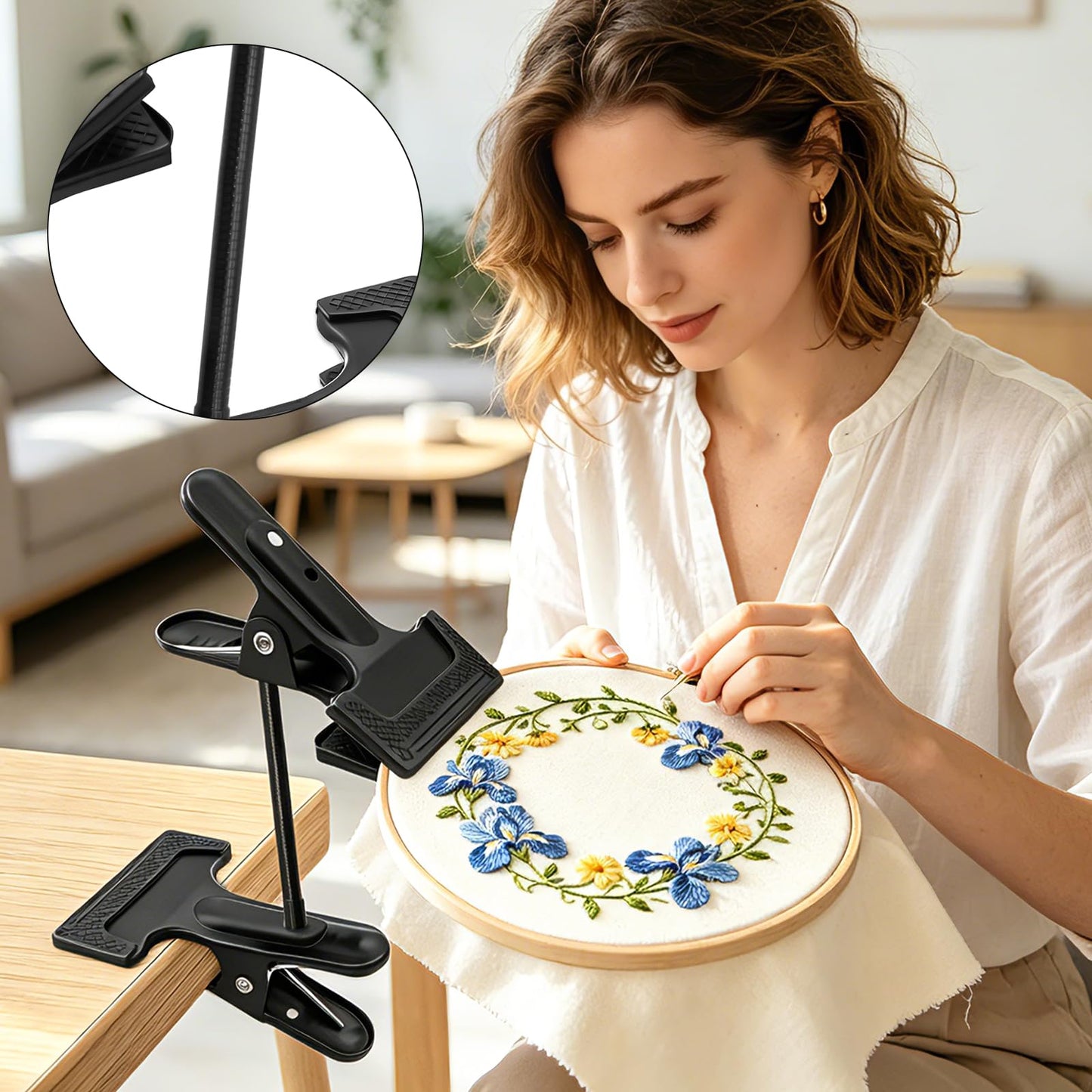 Adjustable Embroidery Hoop Stand Holder, Portable Metal Cross Stitch Stand, Embroidery Hoop Stand Table Clip for Most Size/Shape Embroidery Needlework Hoops