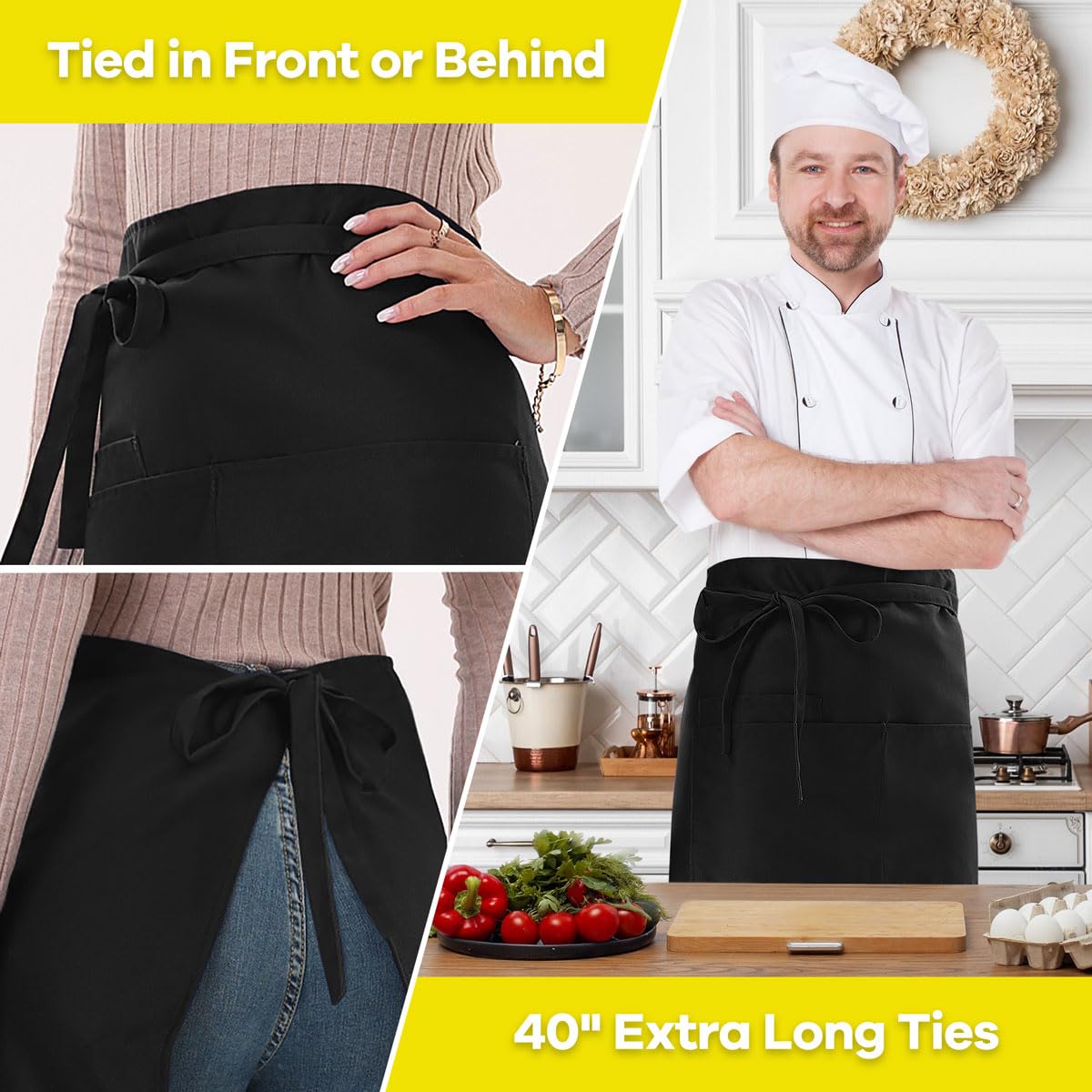 ROTANET Long Server Apron Black with 3 Pockets Bistro Half Aprons for Men Women Waiter Waitress Chef 28 Inch Waterproof