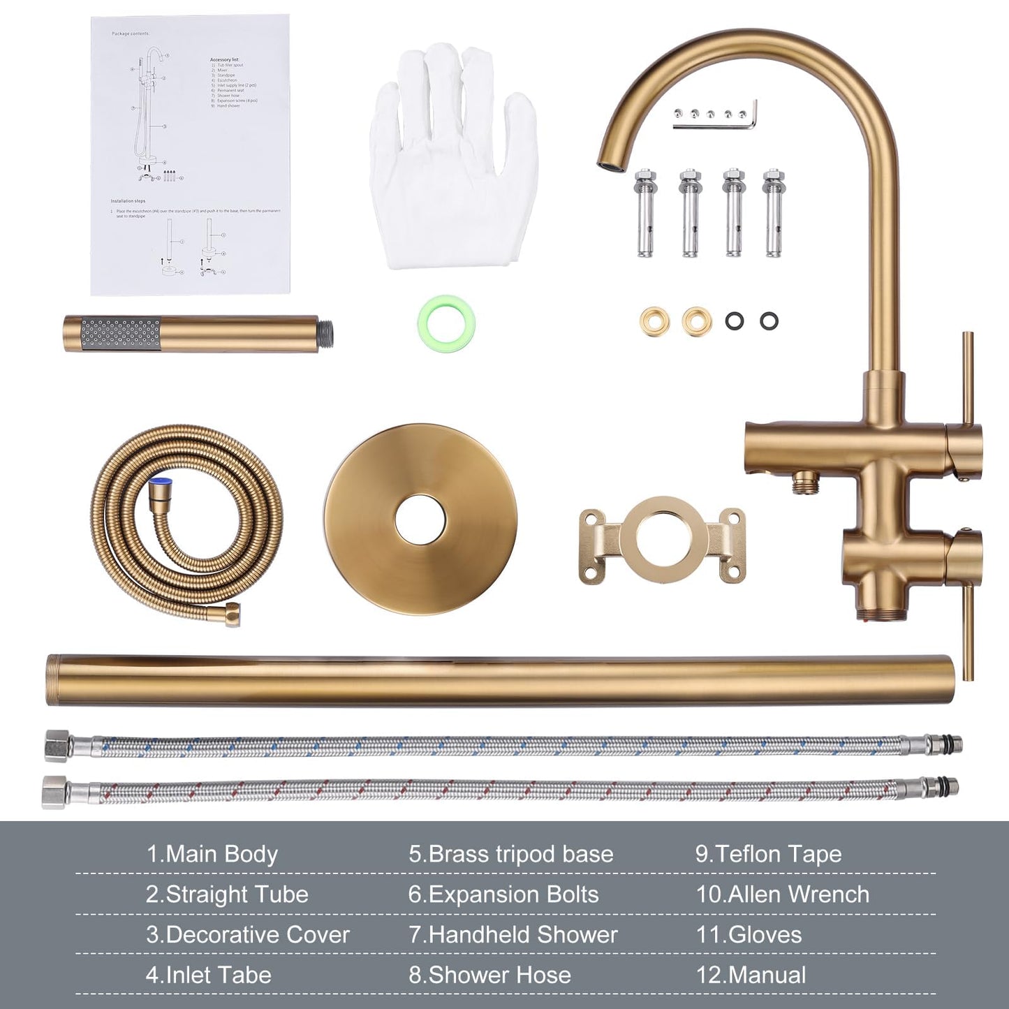 Freestanding Tub Filler Faucet, Floor Mount Brushed Gold Bathtub Faucet with Single Handheld Shower, Brass Shower Tub Faucet Set Complete, Bathtub Faucet with Shower